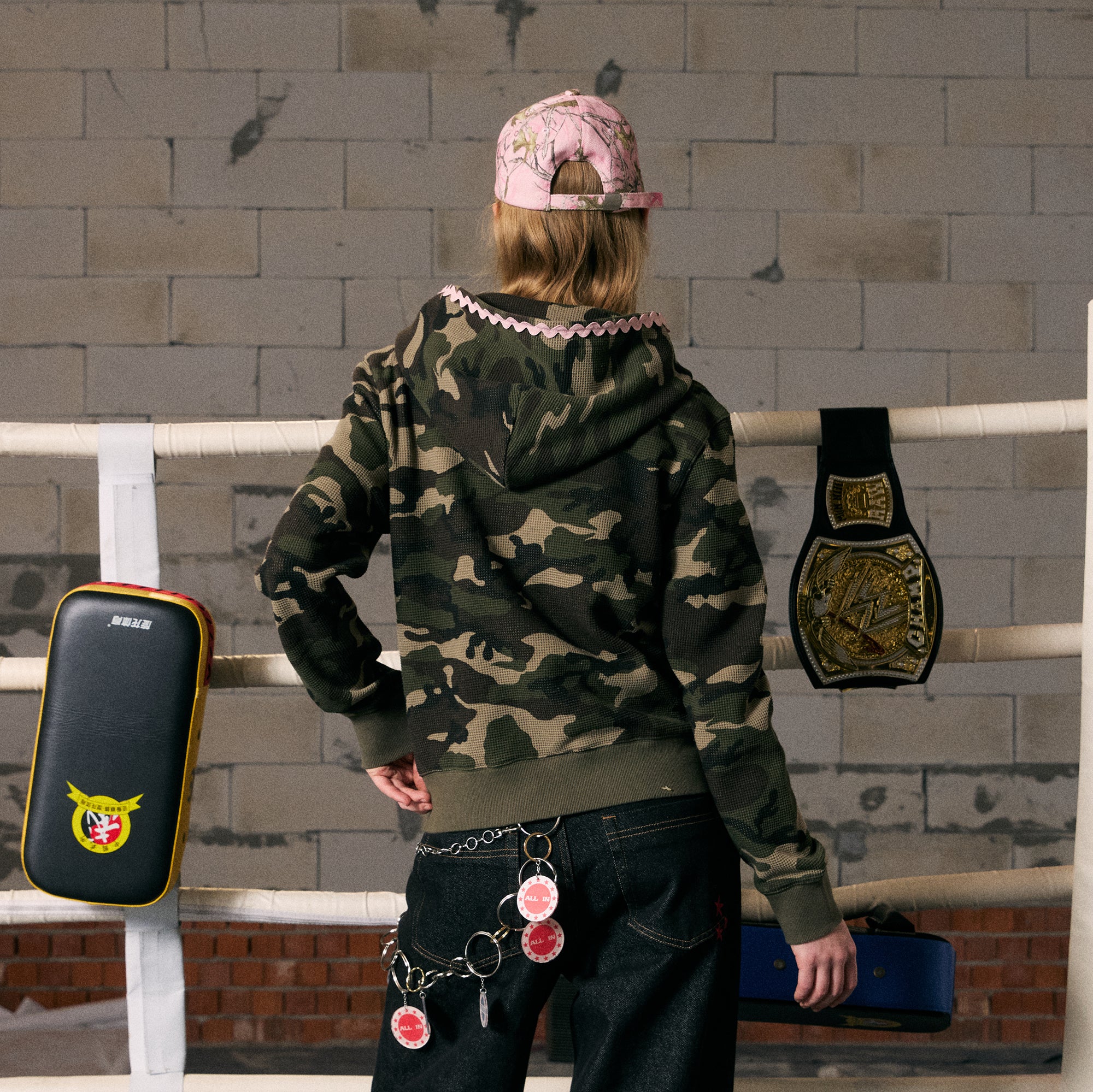 DONSMOKE Camo Wave Trim Waffle Zip-Up Hoodie