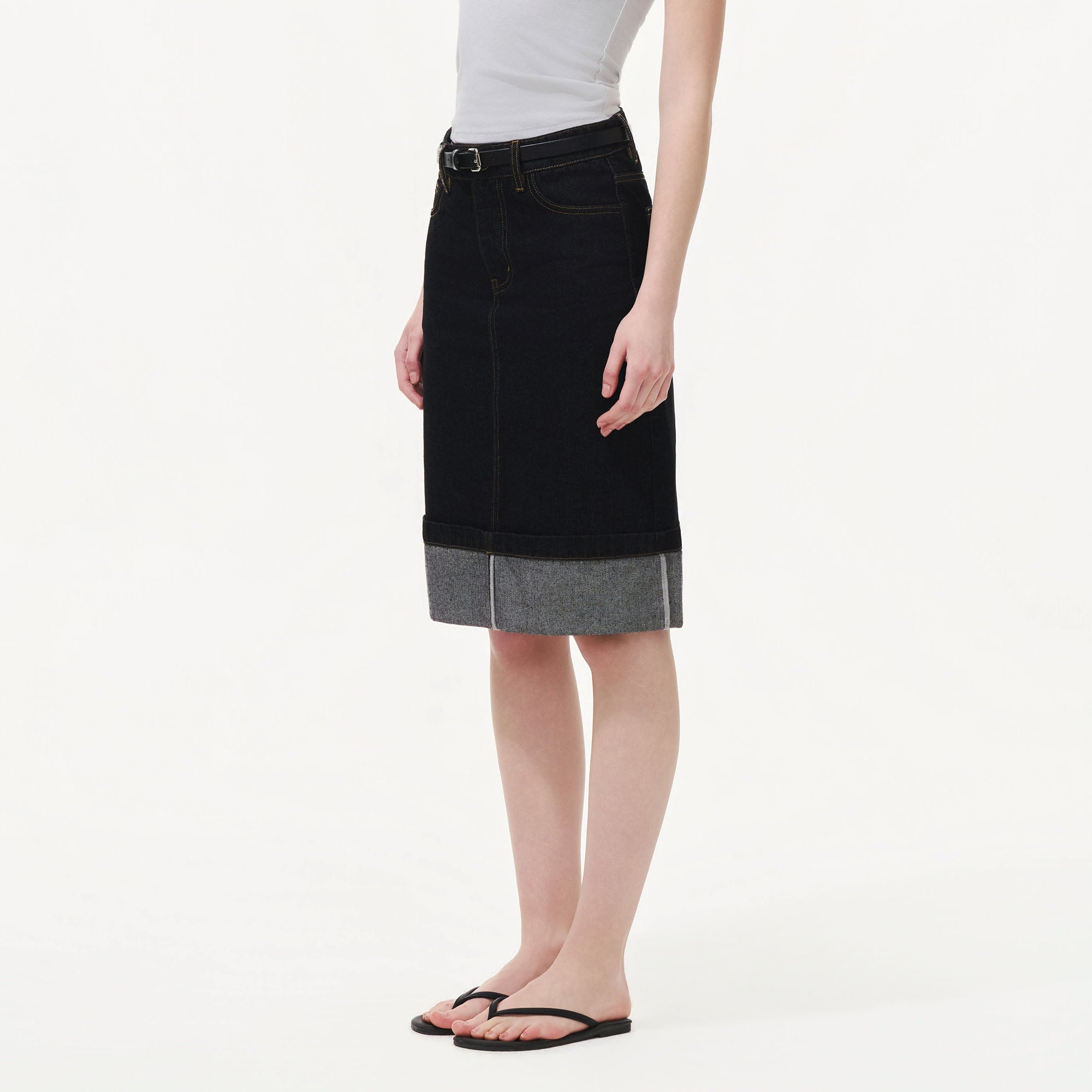 ARTIFICIAL WORLD Modern Rolled-Hem Denim Midi Skirt