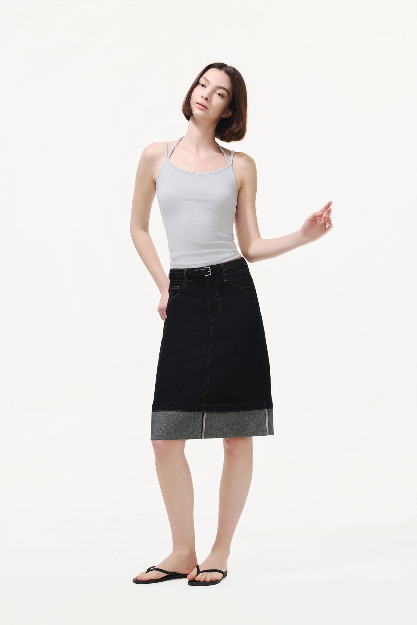 ARTIFICIAL WORLD Modern Rolled-Hem Denim Midi Skirt