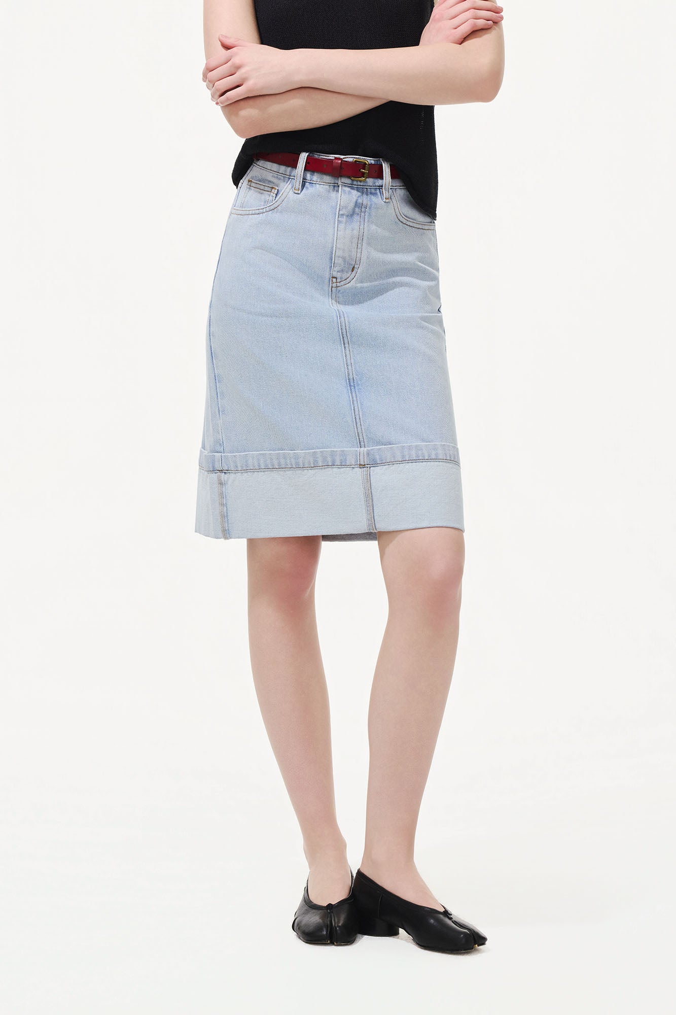 ARTIFICIAL WORLD Modern Rolled-Hem Denim Midi Skirt