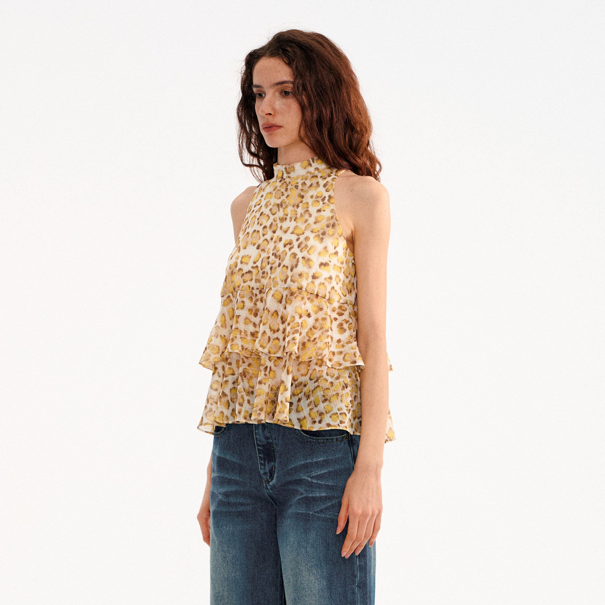 MUSE NAPS Leopard Halter Neck Wave-Hem Tank Top
