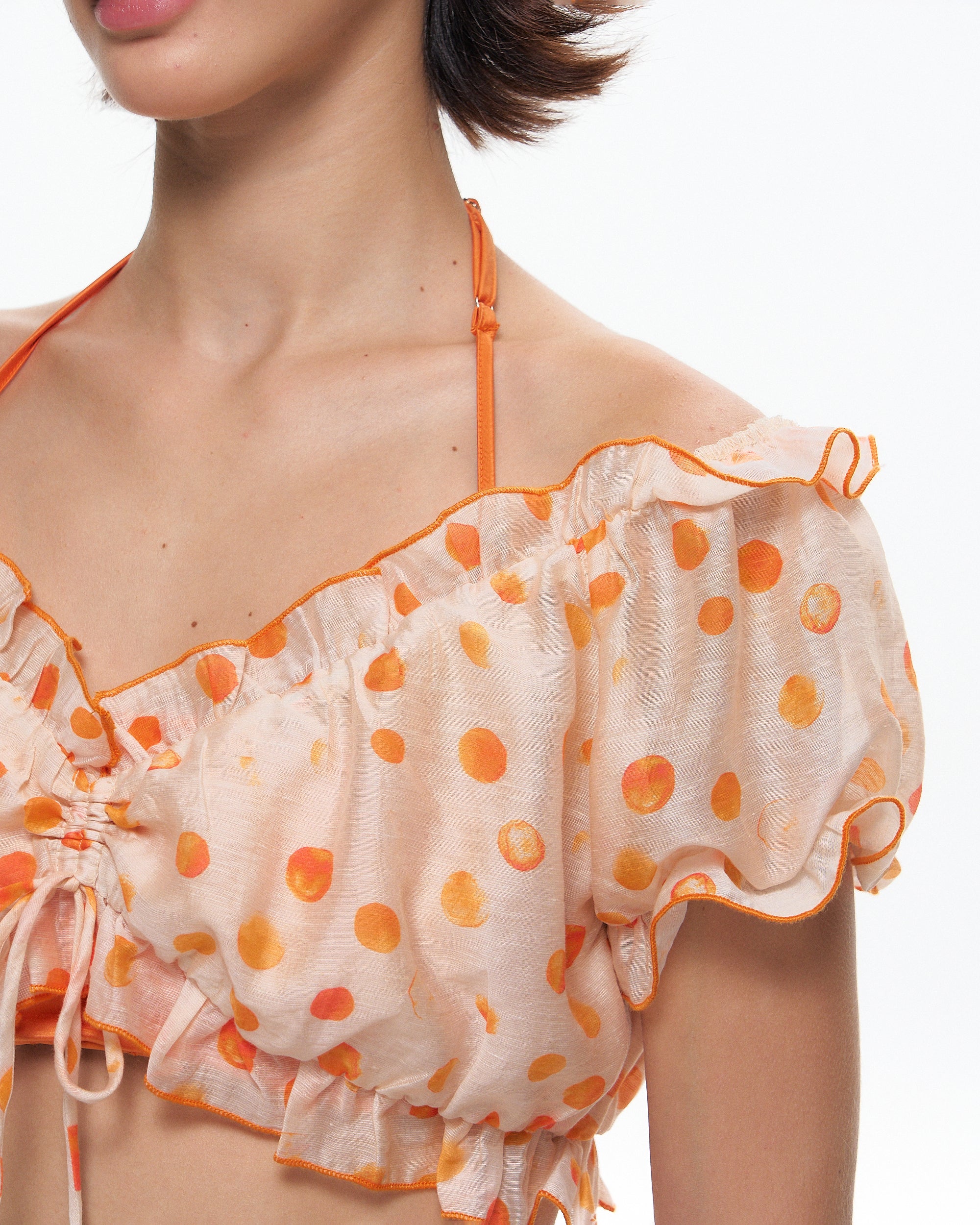 10AMSOTIIIIIIRED Ruched Polka Dot Off-Shoulder Top