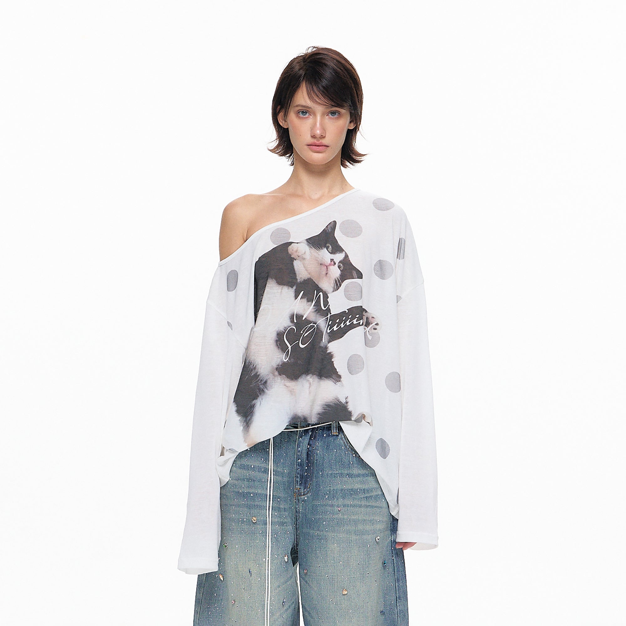 10AMSOTIIIIIIRED Polka Dot Cat Off-Shoulder Long-Sleeve Tee