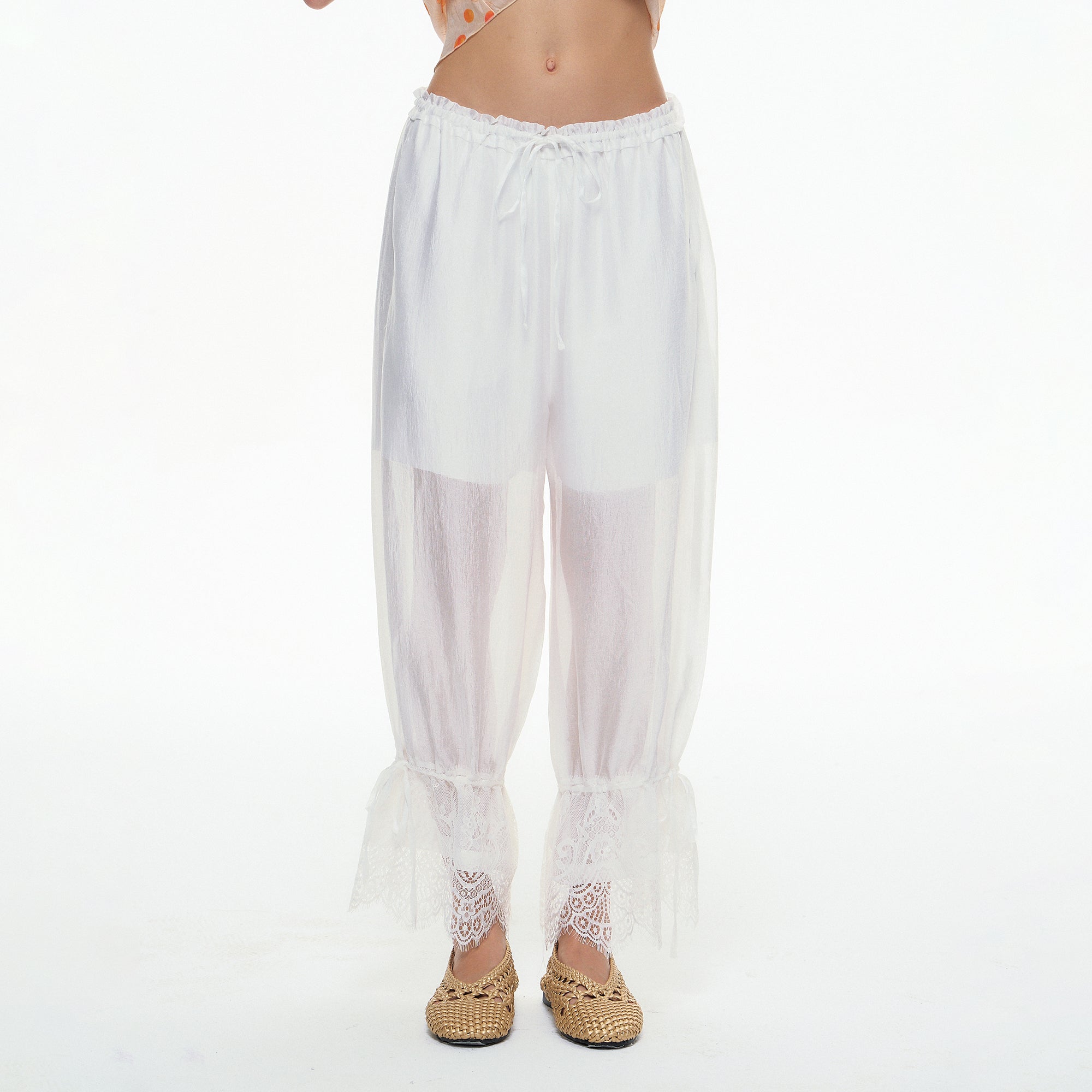 10AMSOTIIIIIIRED Crinkled Sheen Lace Trim Lantern Pants