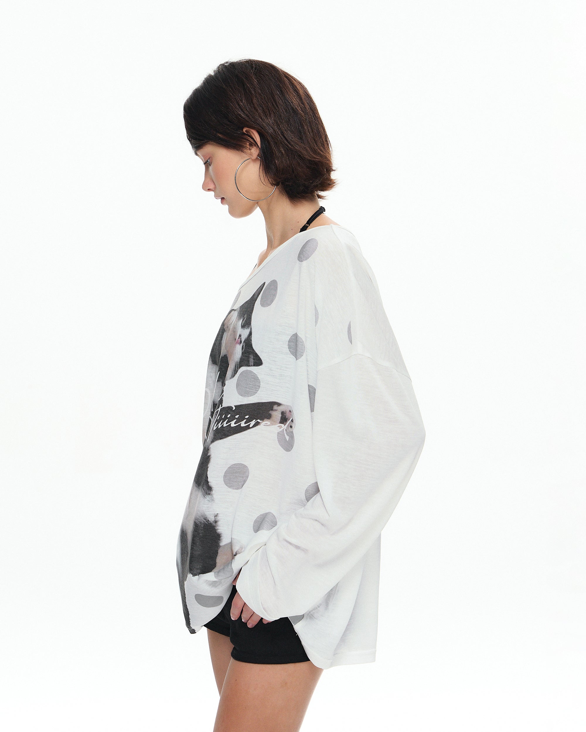 10AMSOTIIIIIIRED Polka Dot Cat Off-Shoulder Long-Sleeve Tee