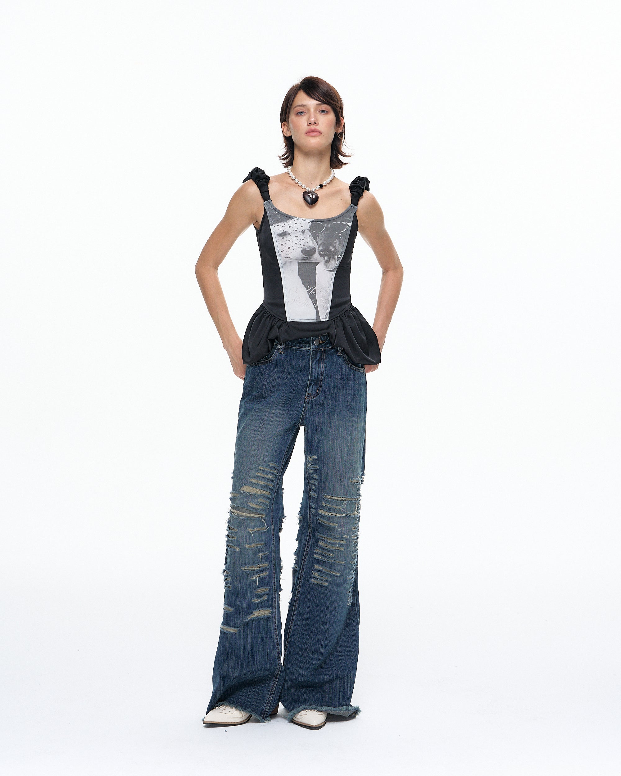 10AMSOTIIIIIIRED Cat And Dog Graphic Corset Top And Mini Skirt Satin Set