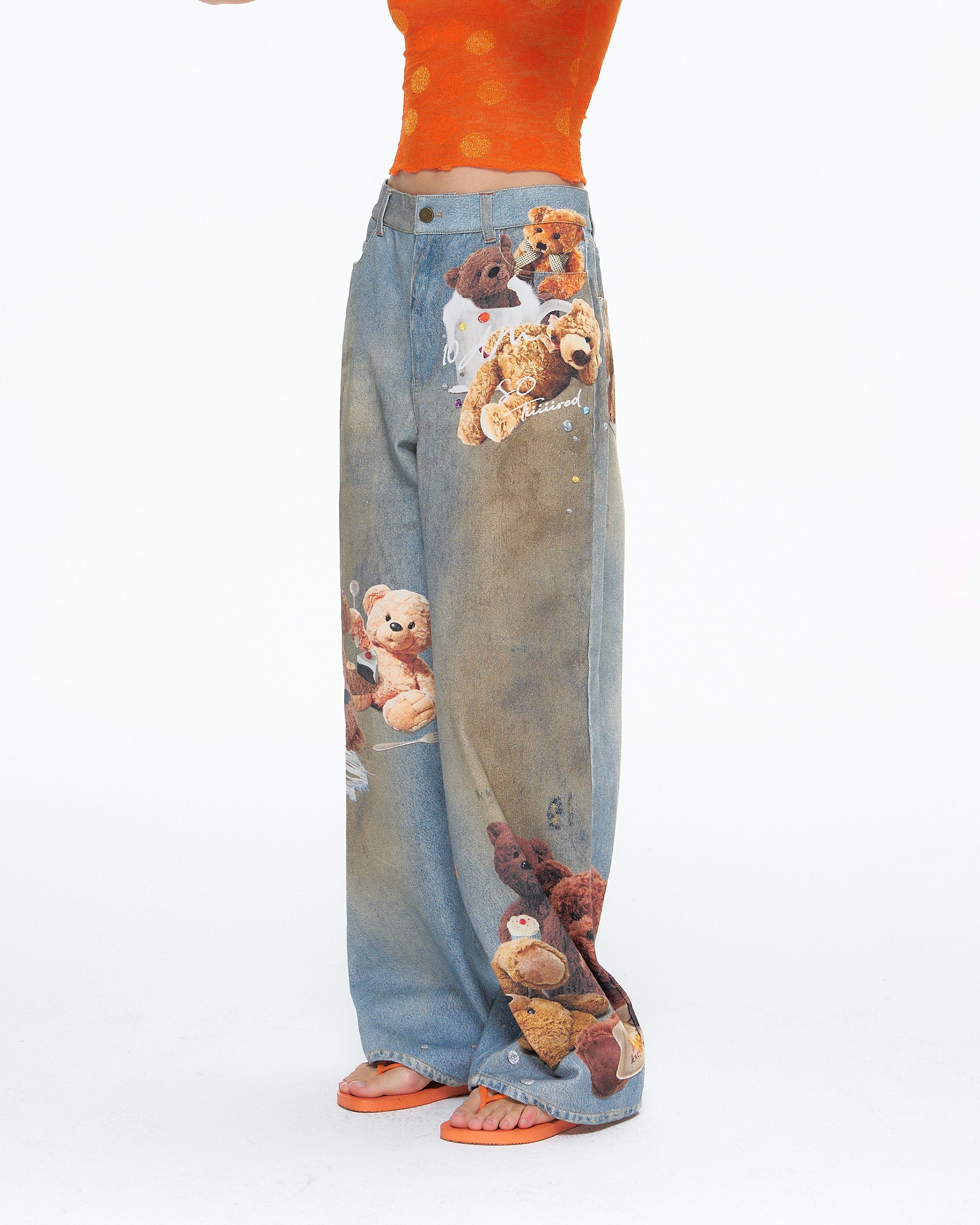 10AMSOTIIIIIIRED Retro Dog And Teddy Graphic Jeans