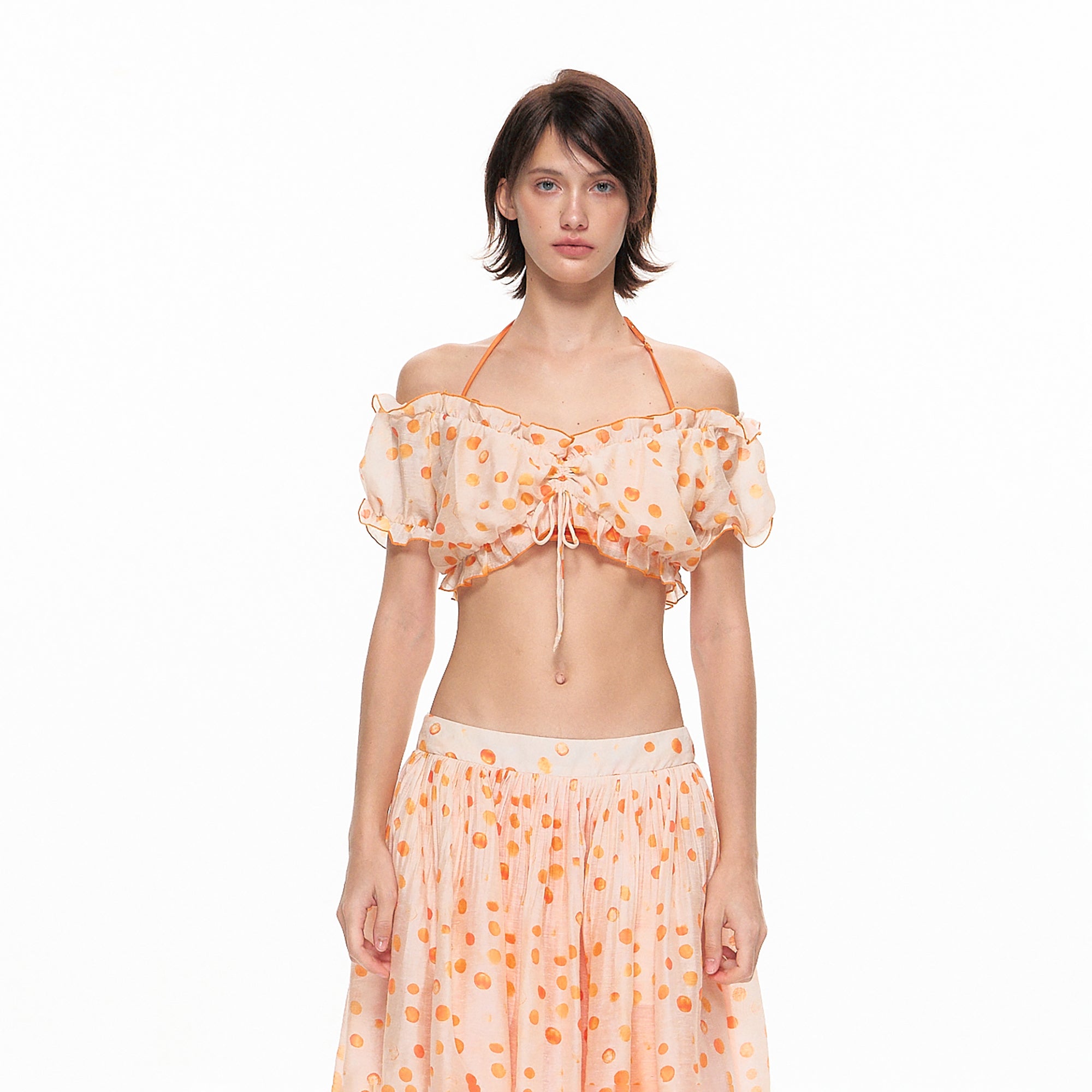 10AMSOTIIIIIIRED Ruched Polka Dot Off-Shoulder Top