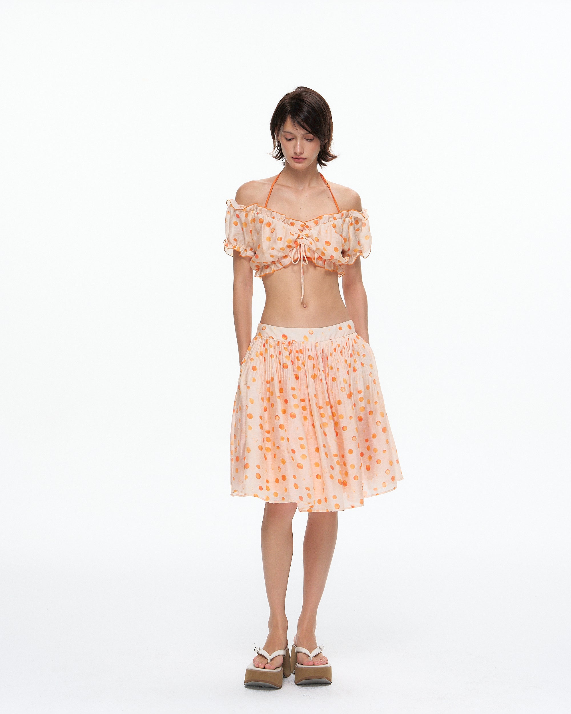 10AMSOTIIIIIIRED Ruched Polka Dot Off-Shoulder Top