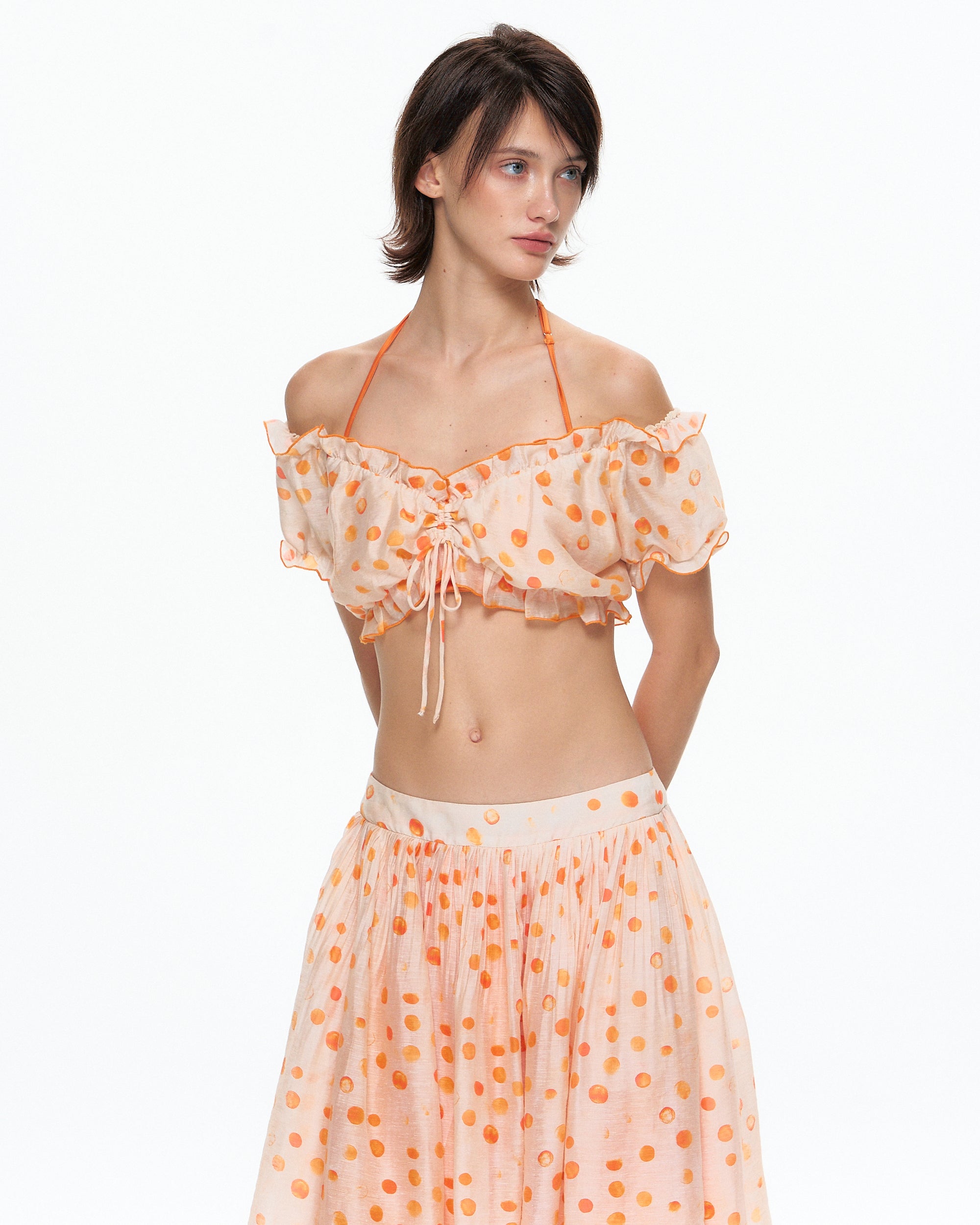 10AMSOTIIIIIIRED Ruched Polka Dot Off-Shoulder Top
