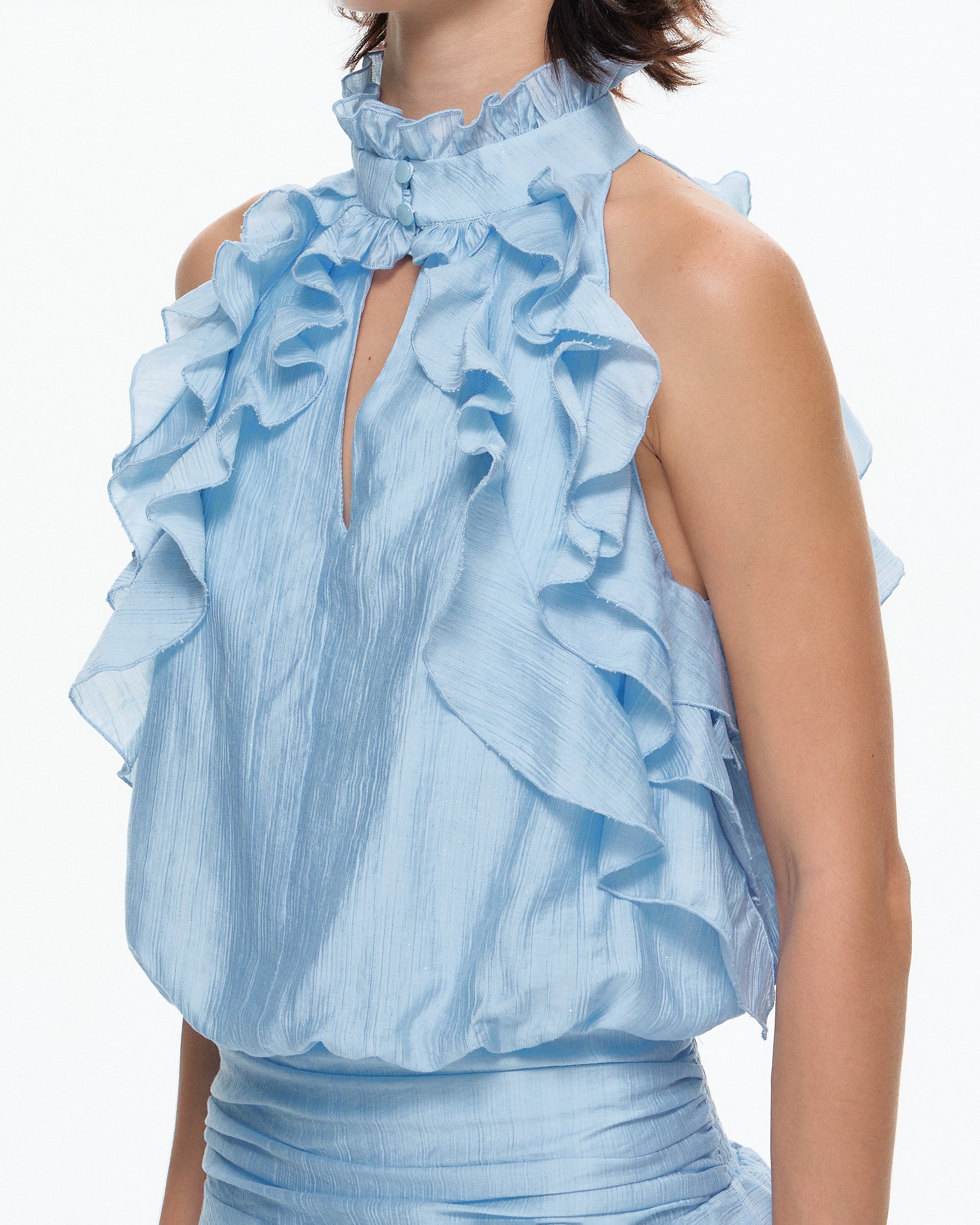 10AMSOTIIIIIIRED Sheer Ruffle-Trim Halter Mini Dress
