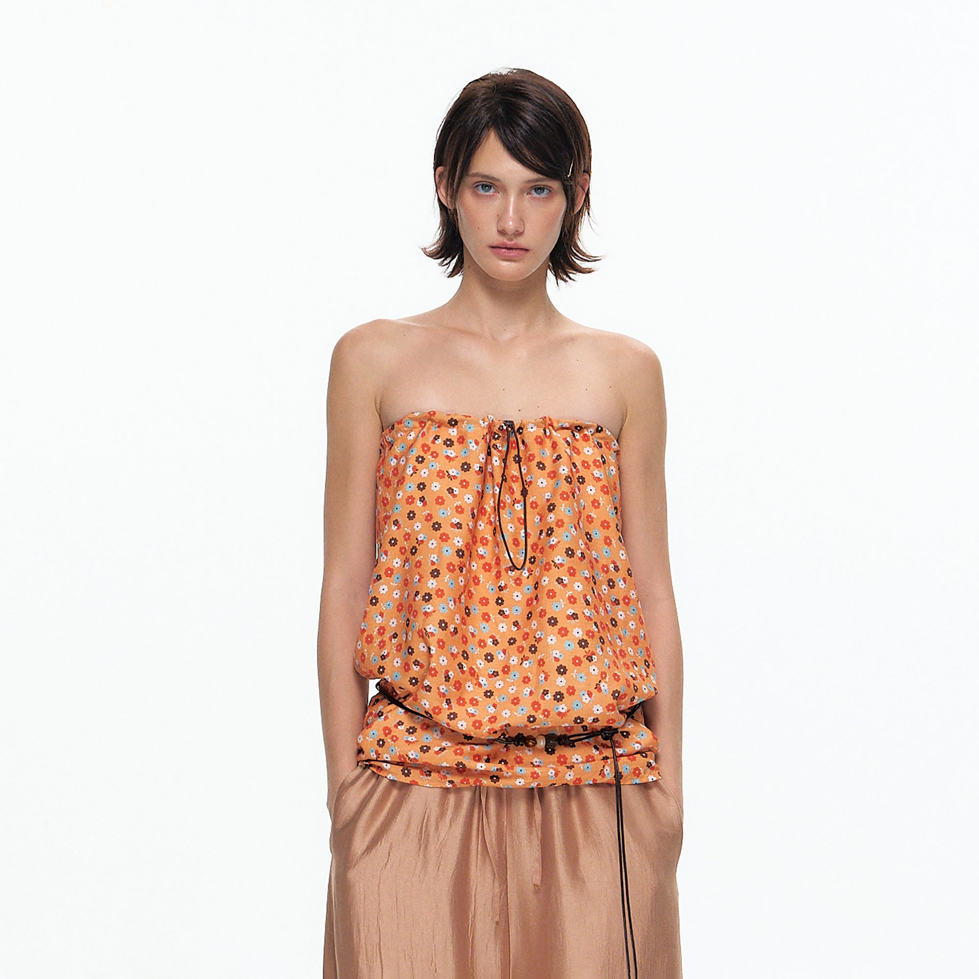 10AMSOTIIIIIIRED Retro Floral Drawstring Tube Top