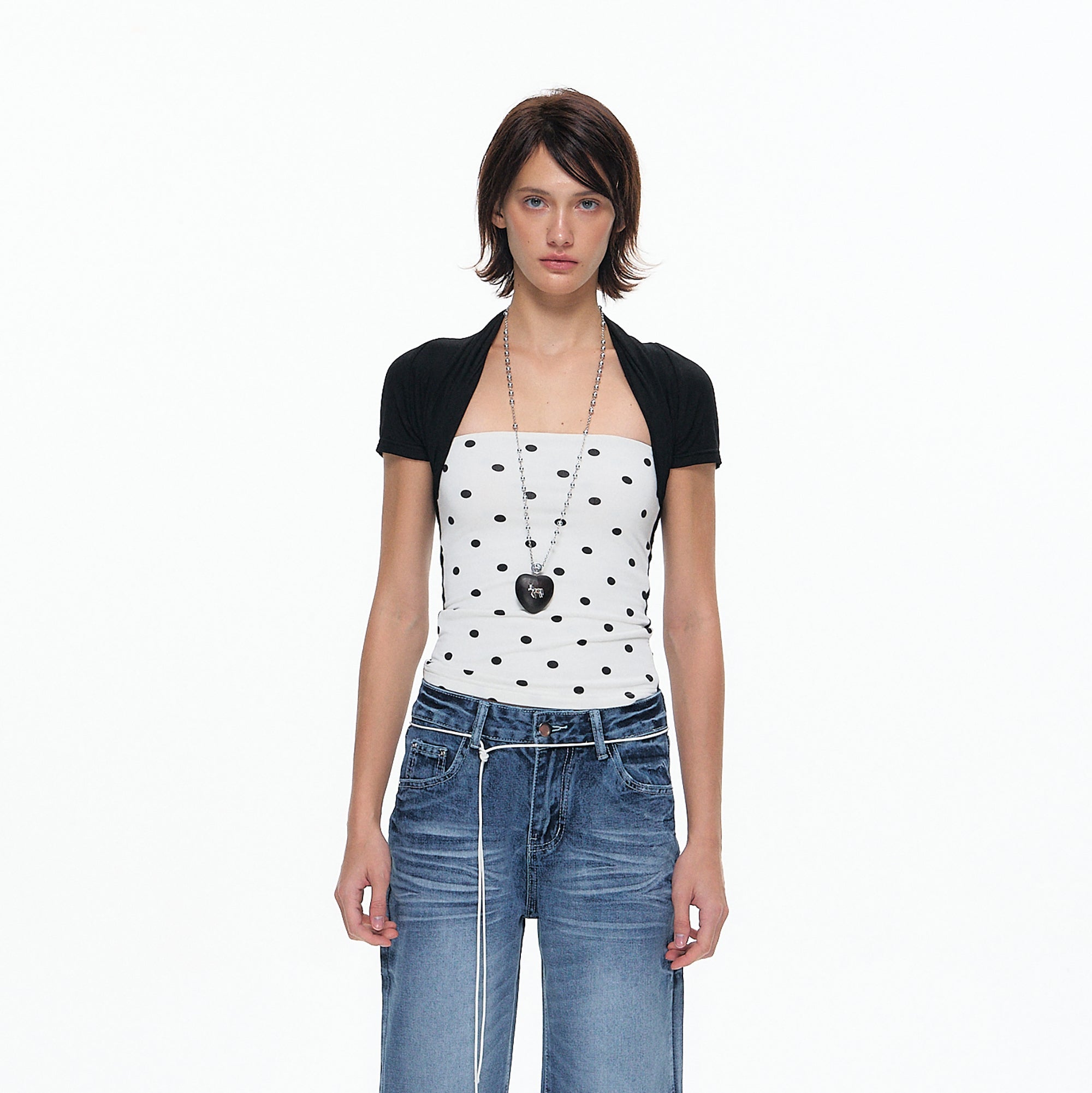 10AMSOTIIIIIIRED Polka Dot Contrast Bolero Top