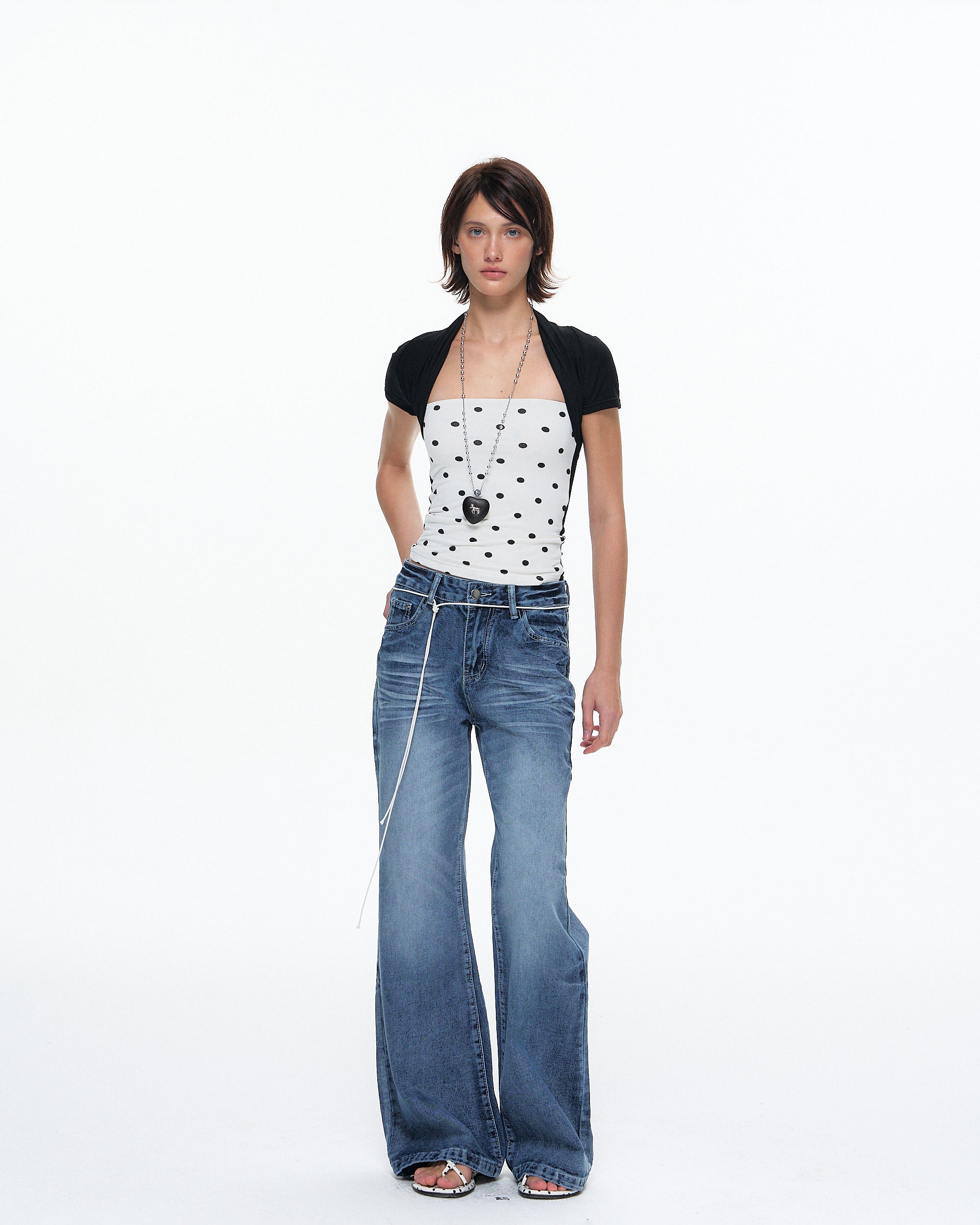 10AMSOTIIIIIIRED Polka Dot Contrast Bolero Top