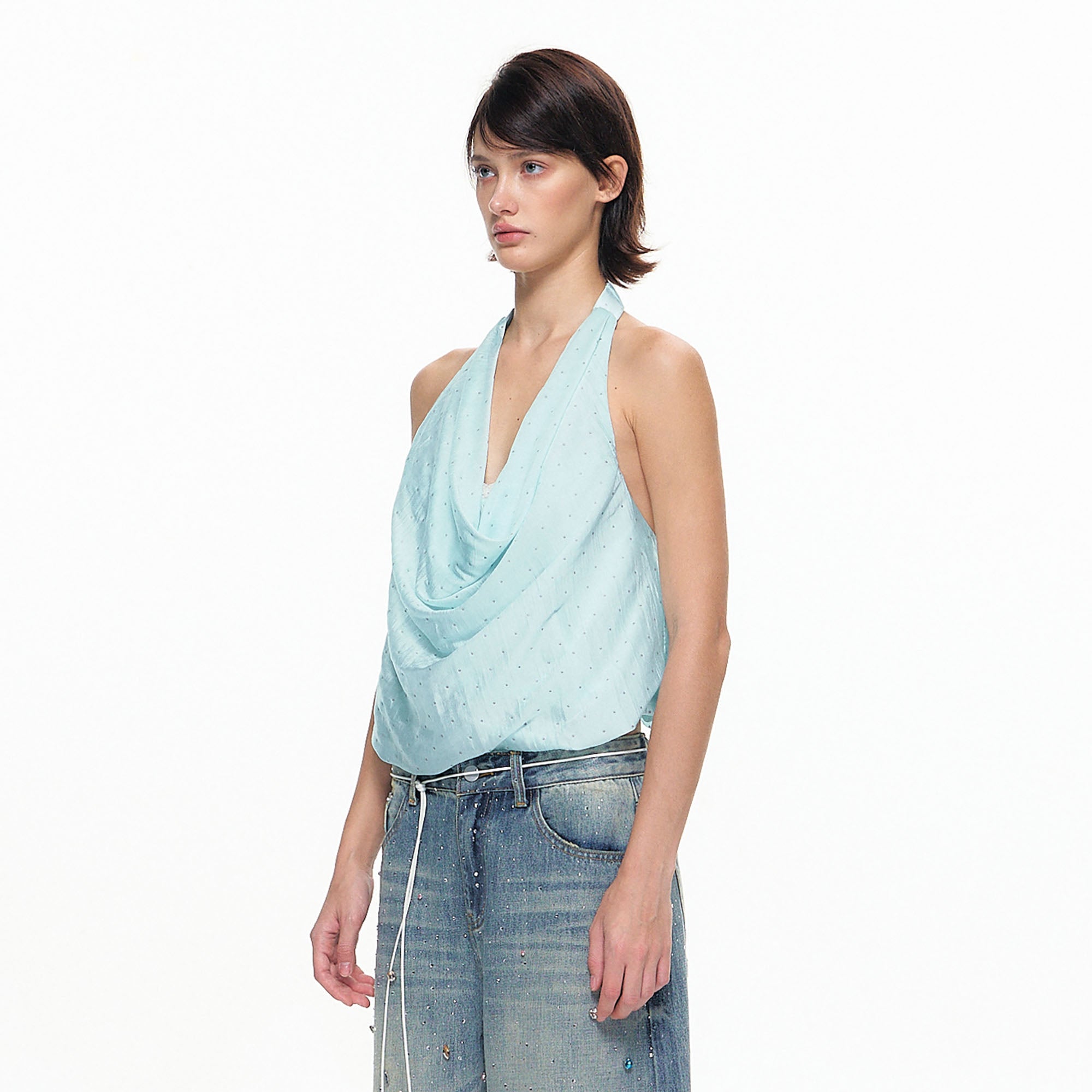 10AMSOTIIIIIIRED Polka Dot Draped Halter Top