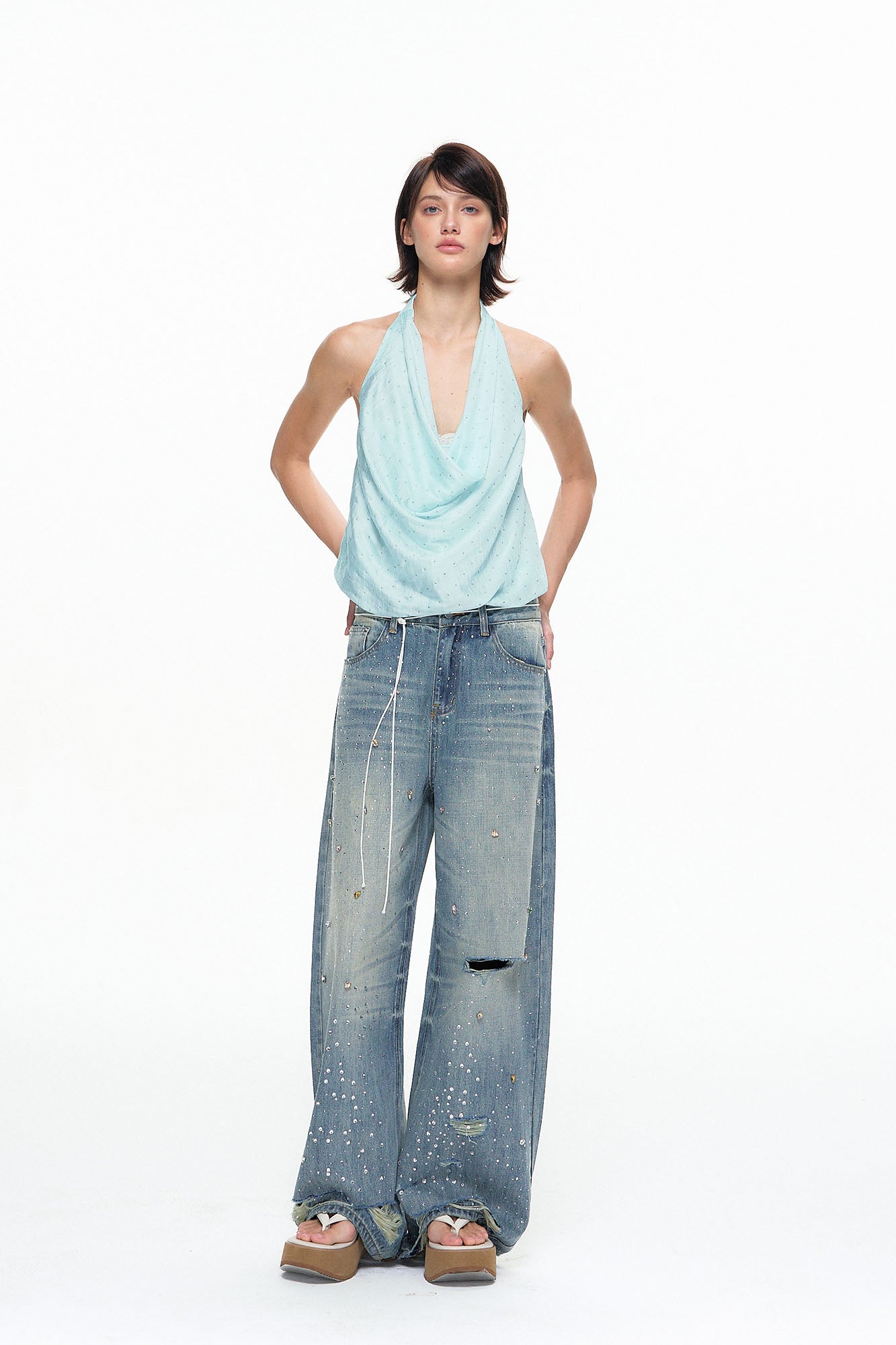10AMSOTIIIIIIRED Polka Dot Draped Halter Top