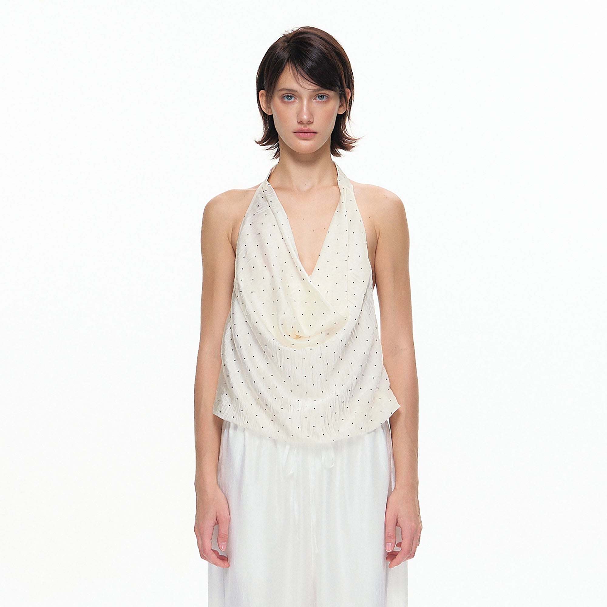 10AMSOTIIIIIIRED Polka Dot Draped Halter Top