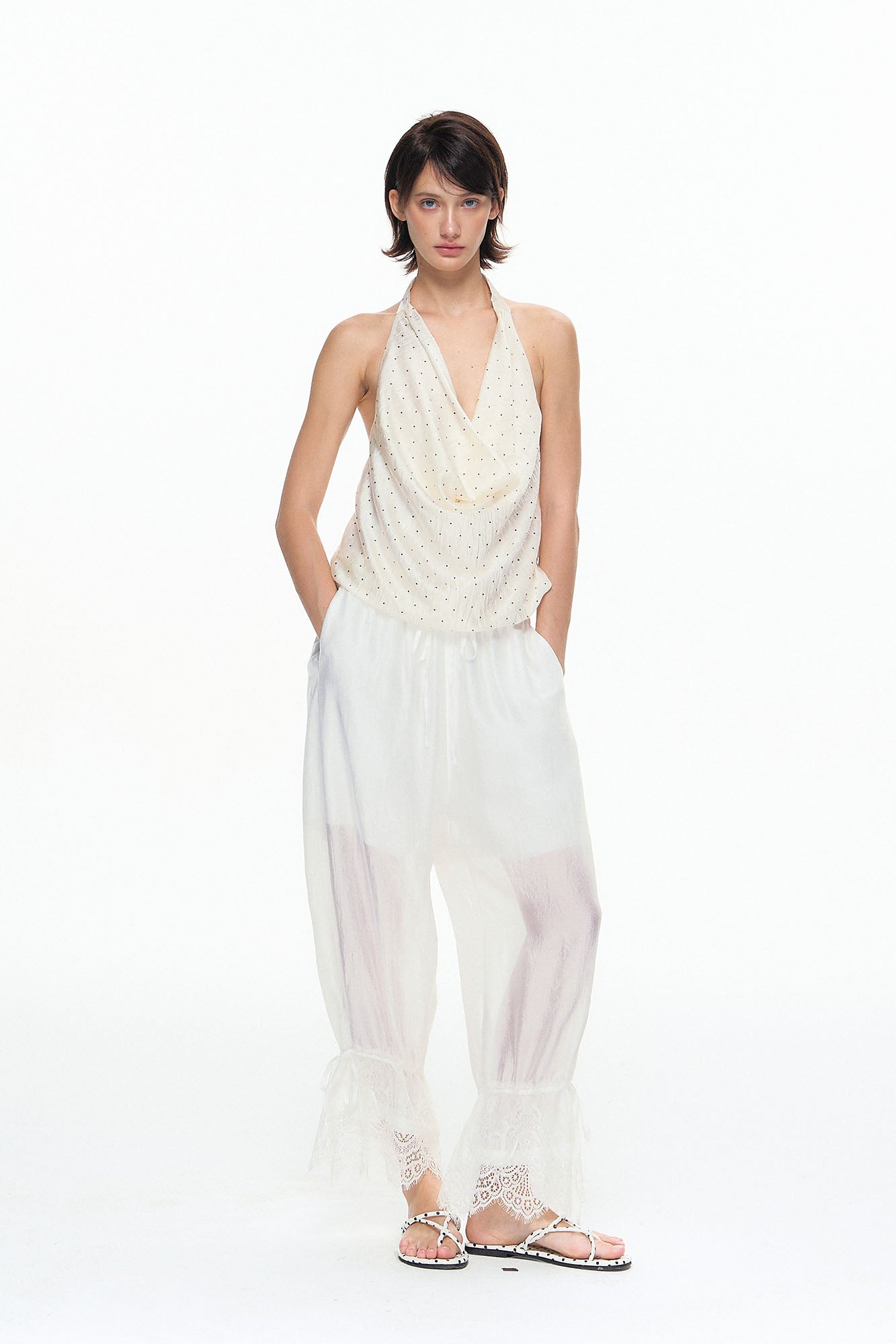 10AMSOTIIIIIIRED Polka Dot Draped Halter Top