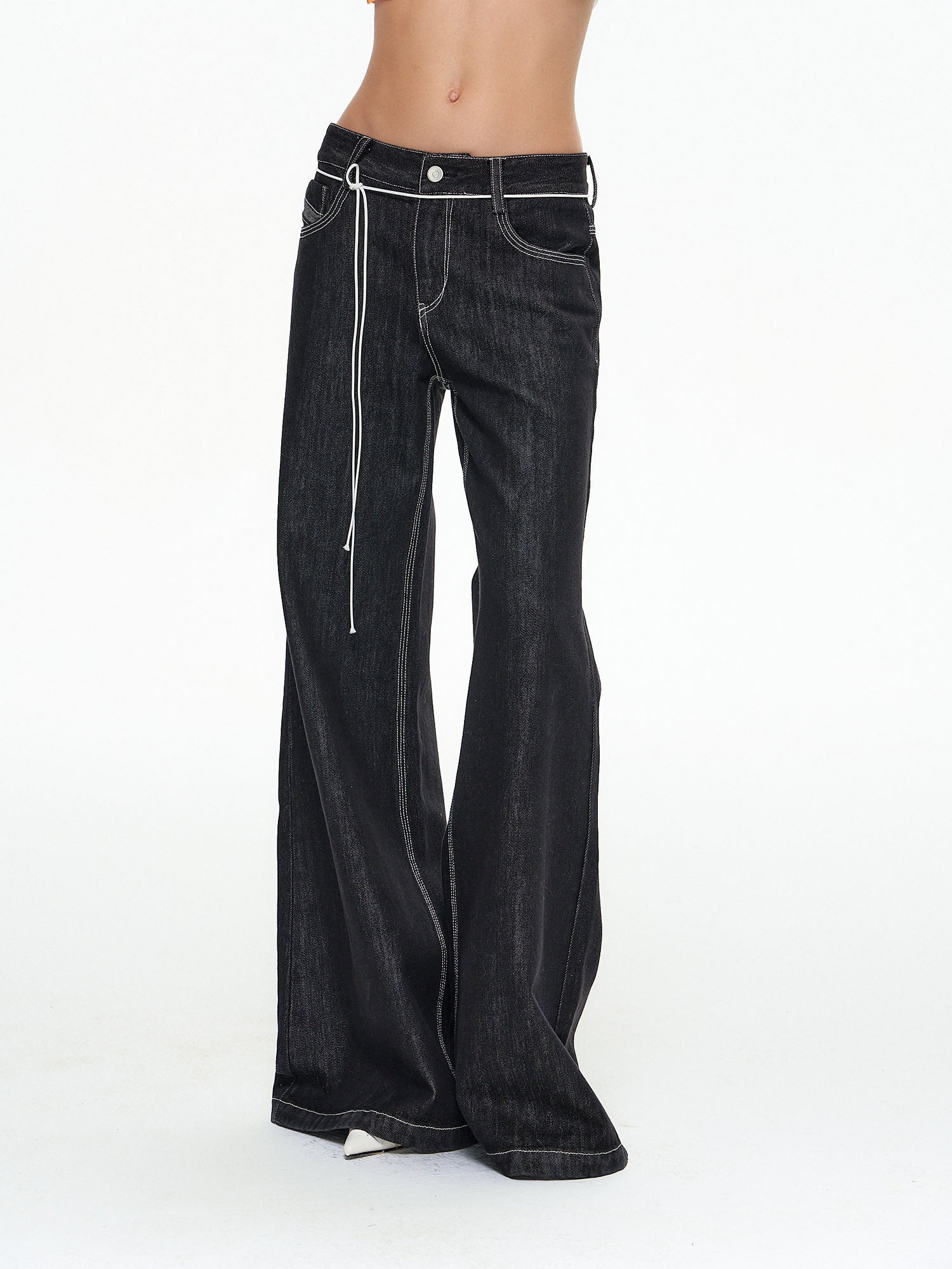 10AMSOTIIIIIIRED Contrast Drawstring Raw Wide-Leg Jeans