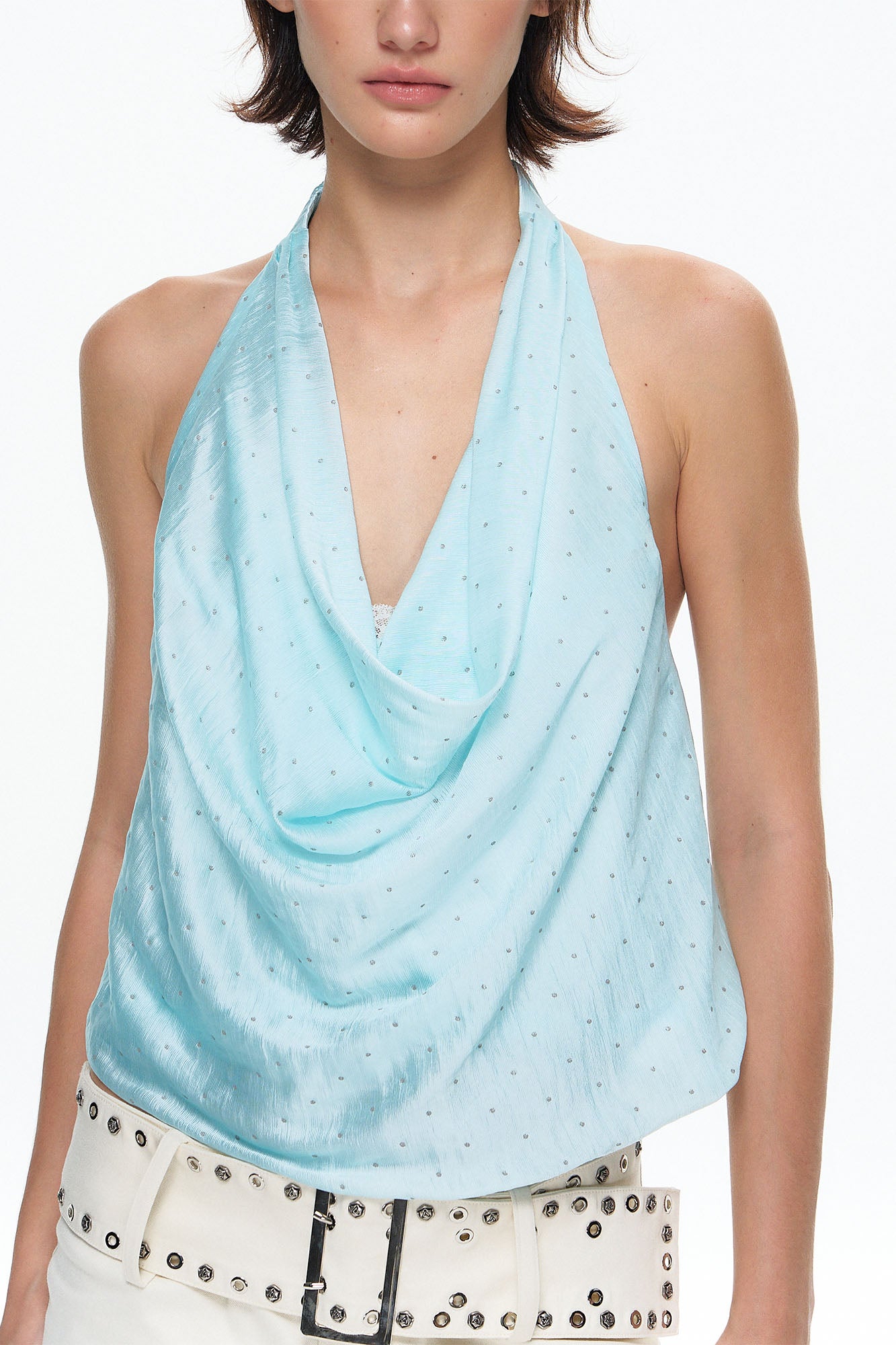 10AMSOTIIIIIIRED Polka Dot Draped Halter Top