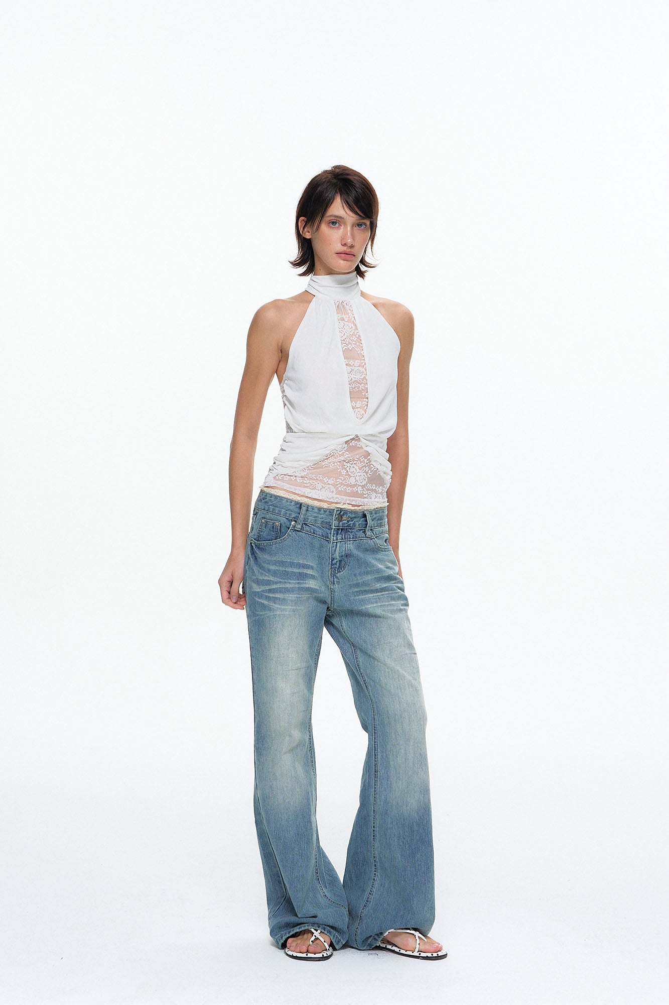 10AMSOTIIIIIIRED Lace Panel Acetate-Blend Halter Top