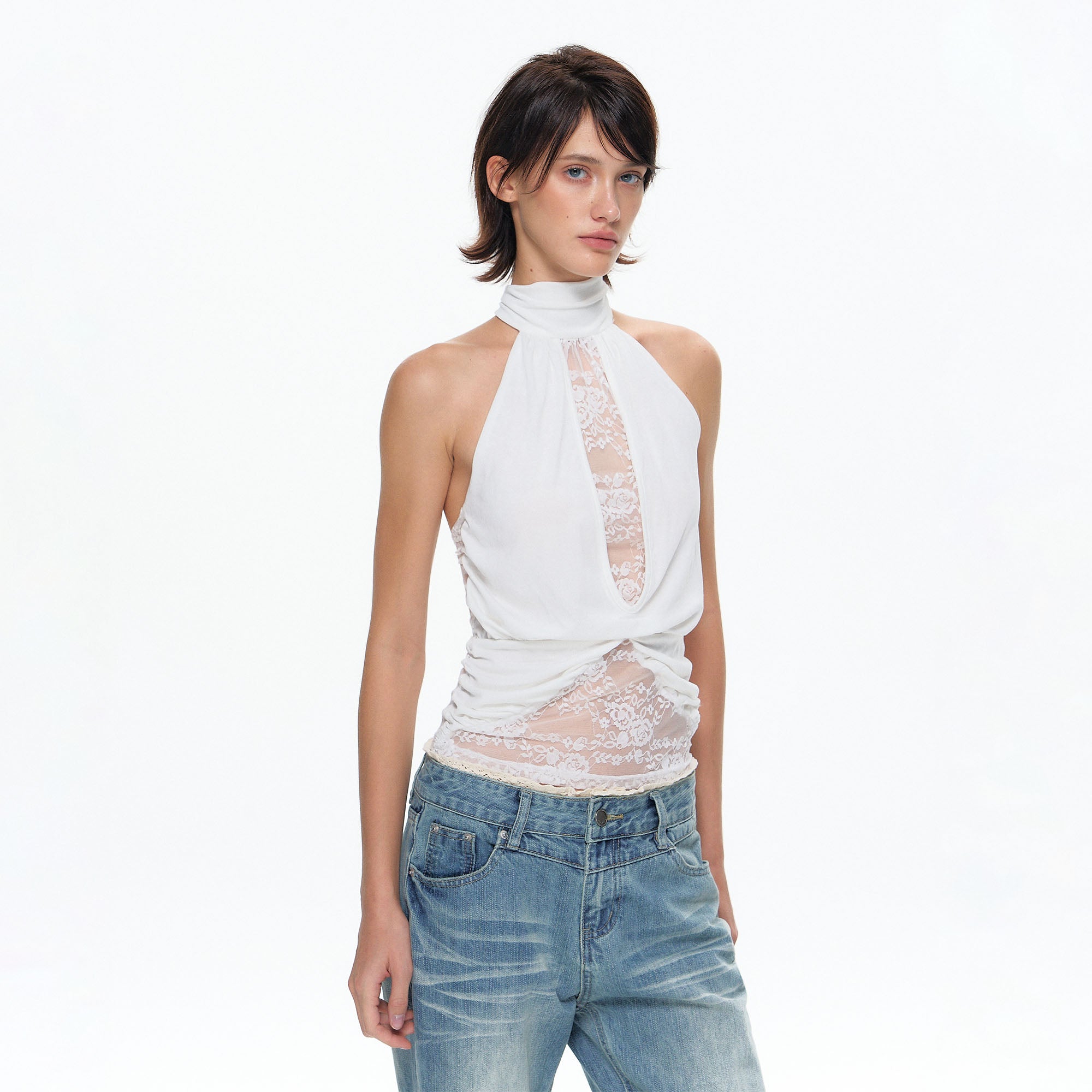 10AMSOTIIIIIIRED Lace Panel Acetate-Blend Halter Top