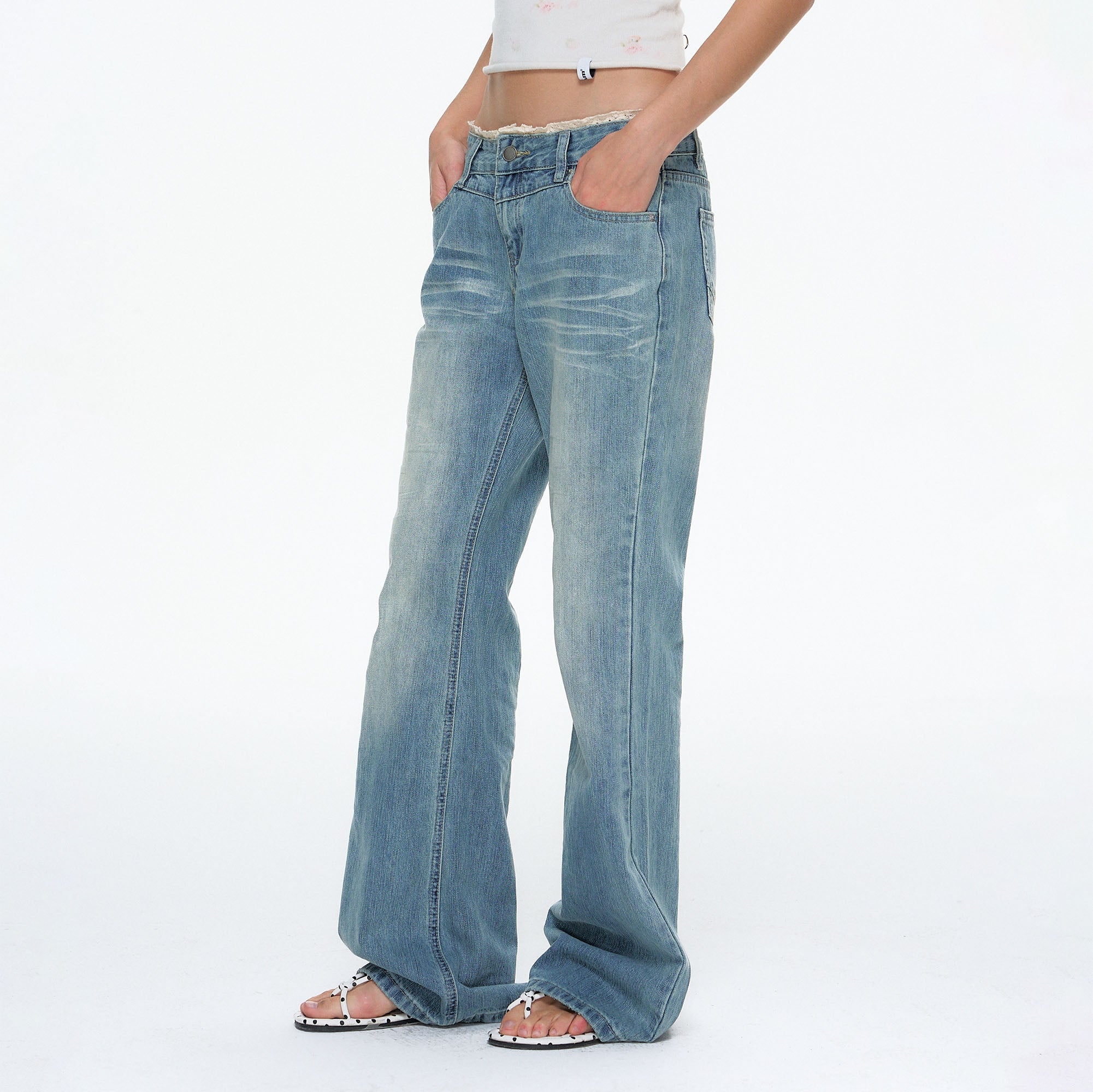 10AMSOTIIIIIIRED Washed Lace-Trim Straight-Leg Jeans