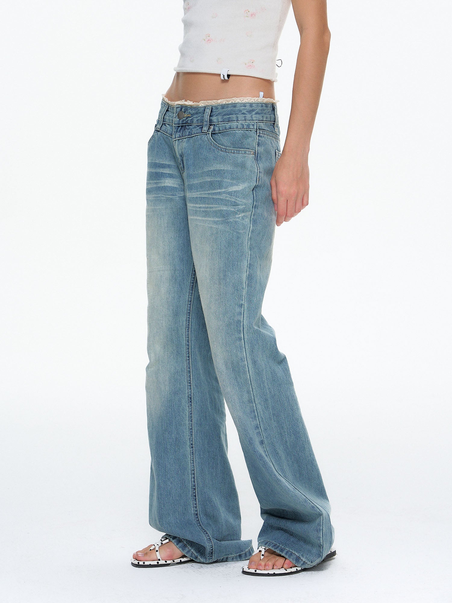 10AMSOTIIIIIIRED Washed Lace-Trim Straight-Leg Jeans