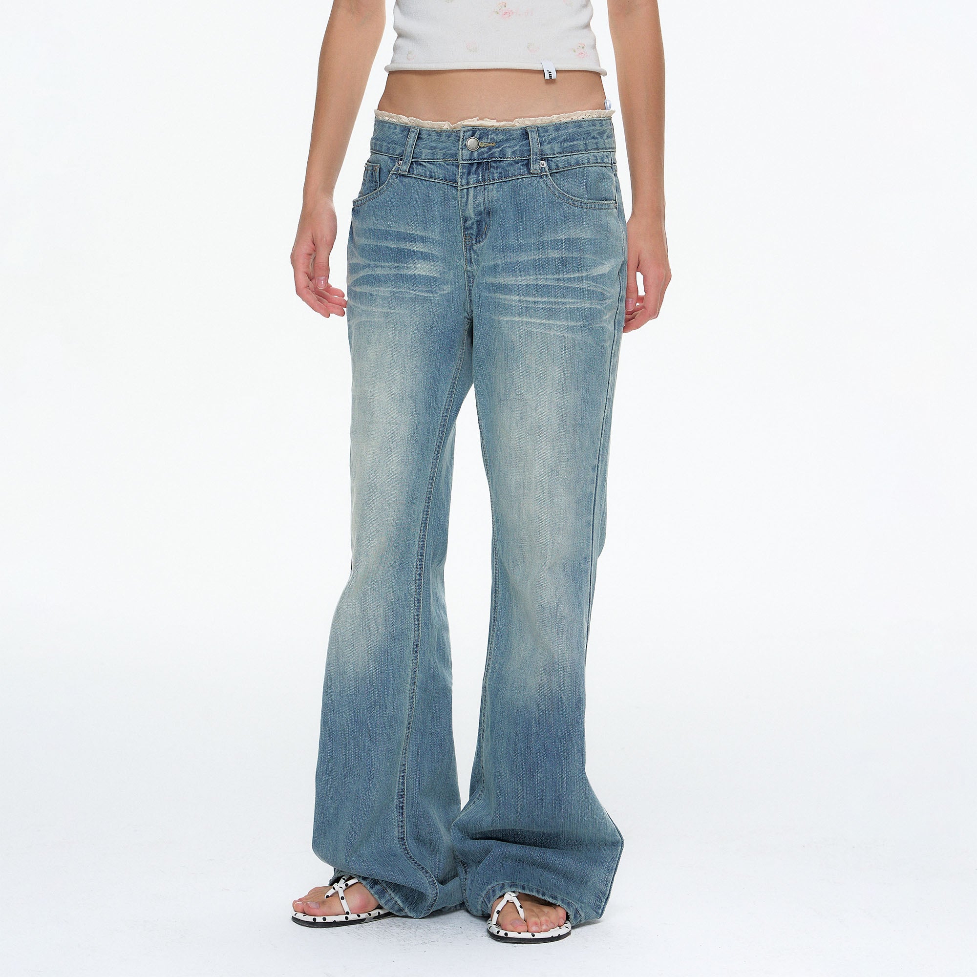 10AMSOTIIIIIIRED Washed Lace-Trim Straight-Leg Jeans