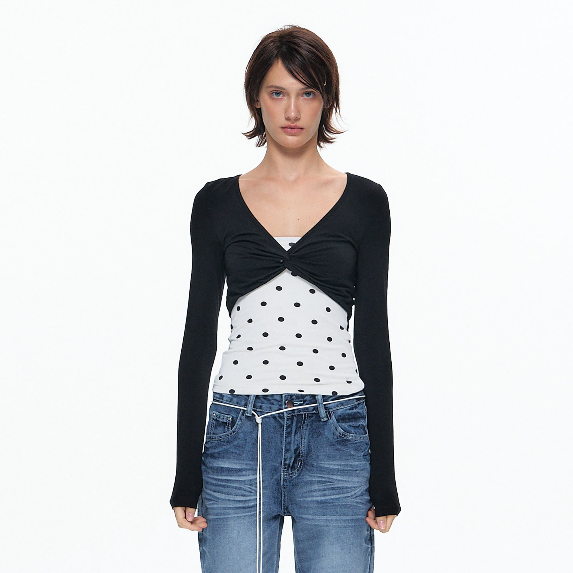 10AMSOTIIIIIIRED Faux Layered Twist-Front Long-Sleeve Top
