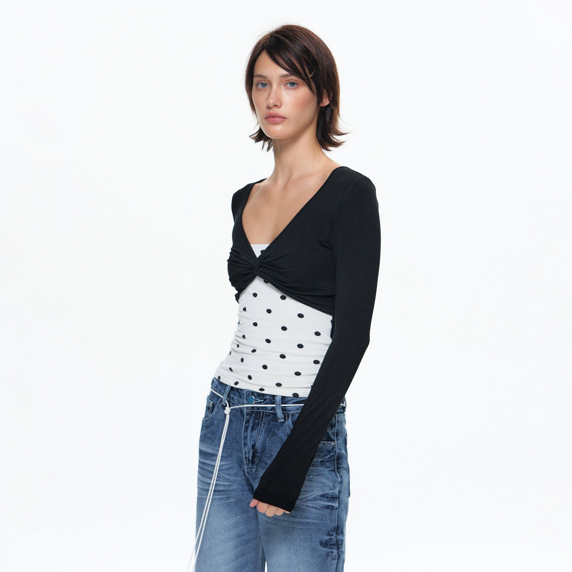 10AMSOTIIIIIIRED Faux Layered Twist-Front Long-Sleeve Top