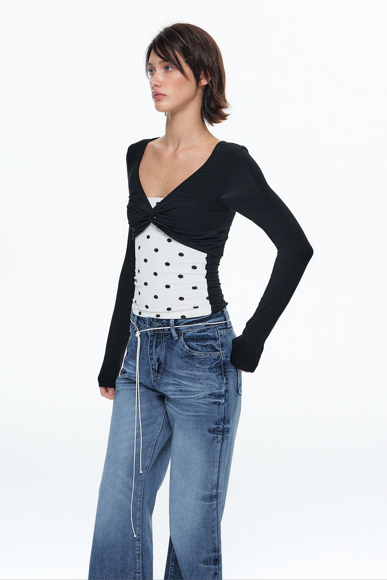 10AMSOTIIIIIIRED Faux Layered Twist-Front Long-Sleeve Top