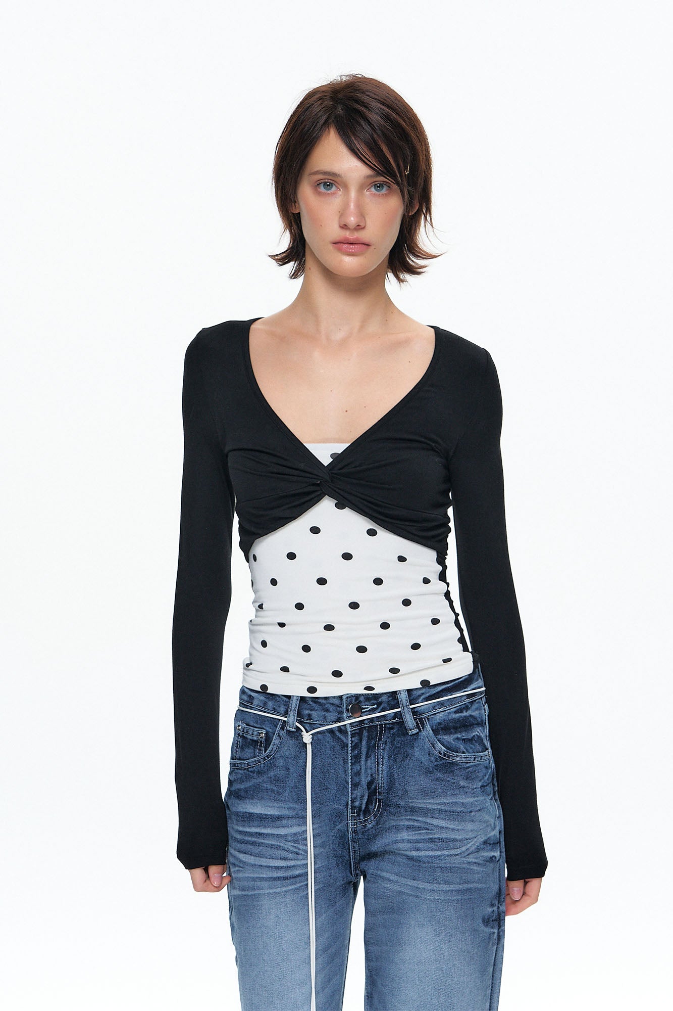 10AMSOTIIIIIIRED Faux Layered Twist-Front Long-Sleeve Top