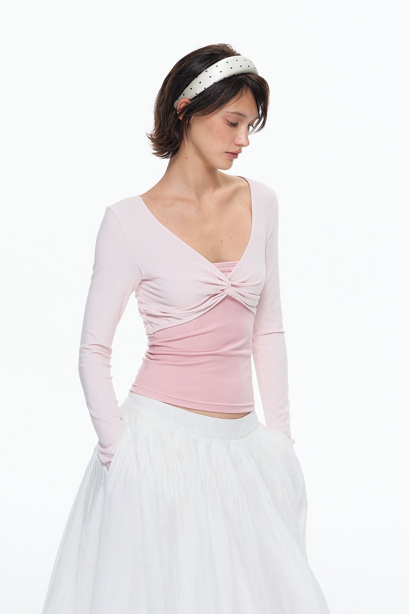 10AMSOTIIIIIIRED Faux Layered Twist-Front Long-Sleeve Top