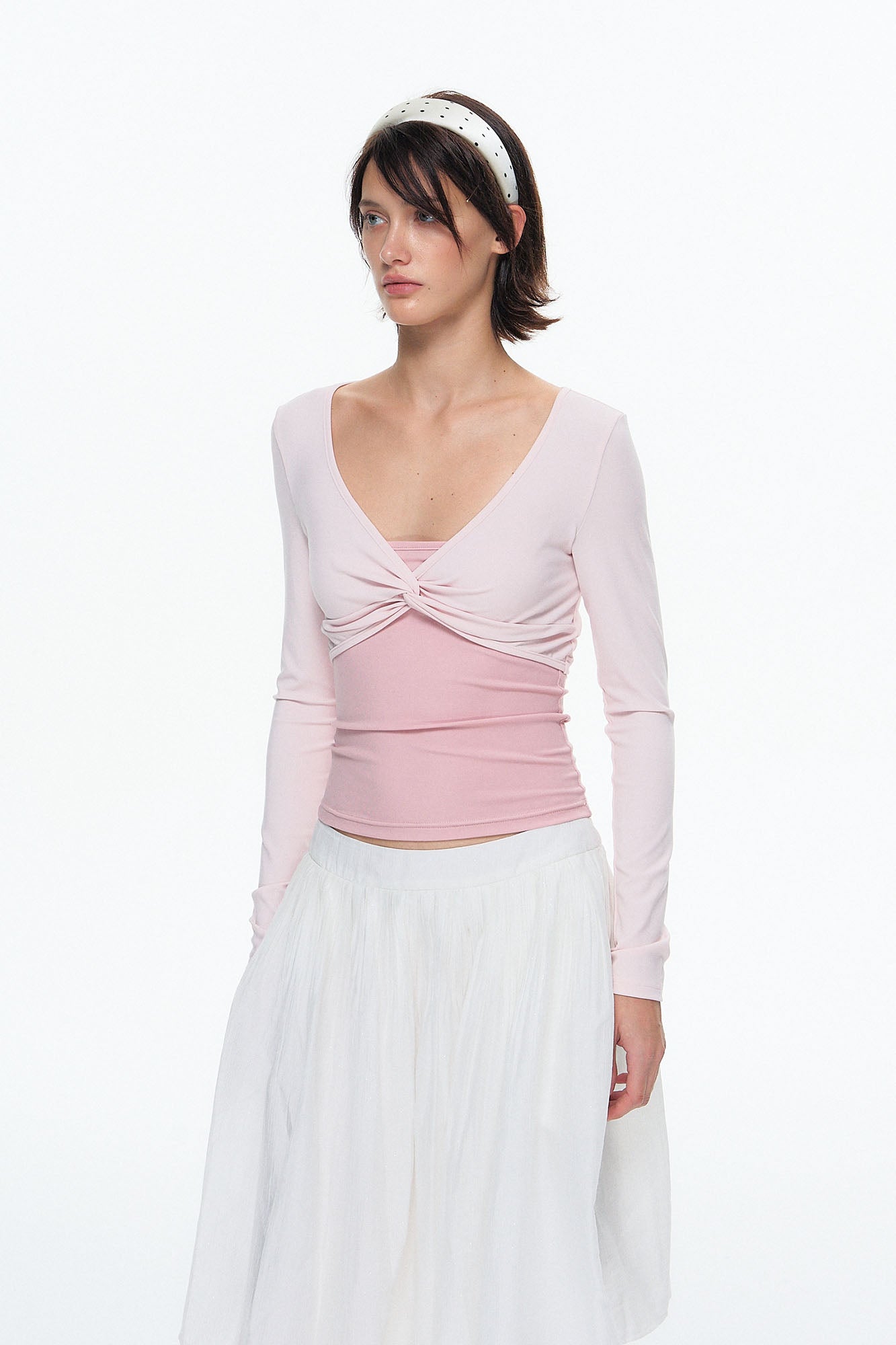 10AMSOTIIIIIIRED Faux Layered Twist-Front Long-Sleeve Top