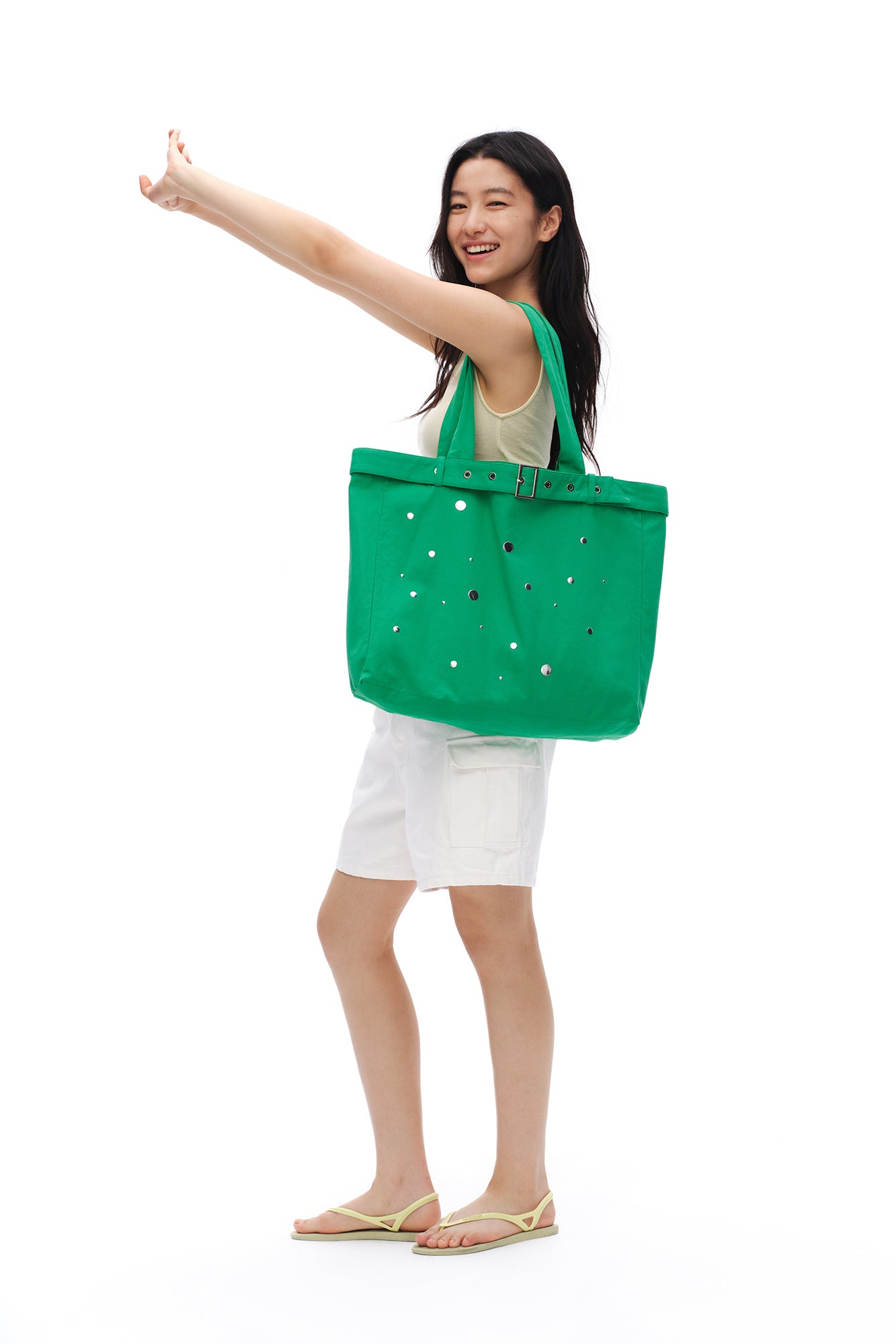 OINIMI Belted Grommet Mirror Disc Tote Bag