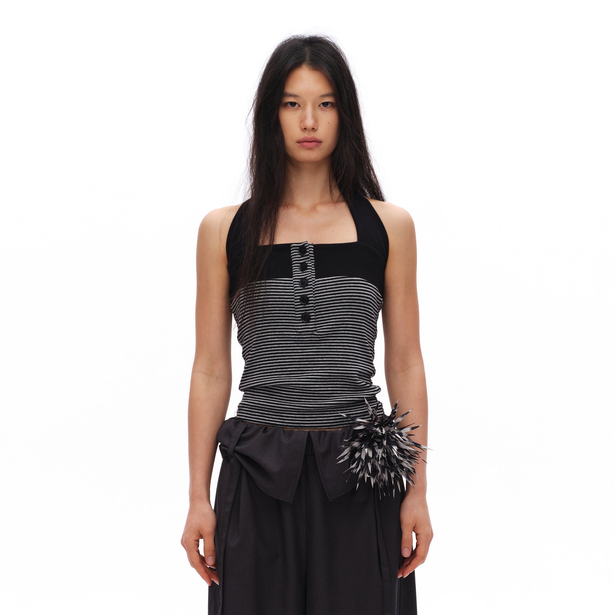 OINIMI Striped Button Halter Knit Top