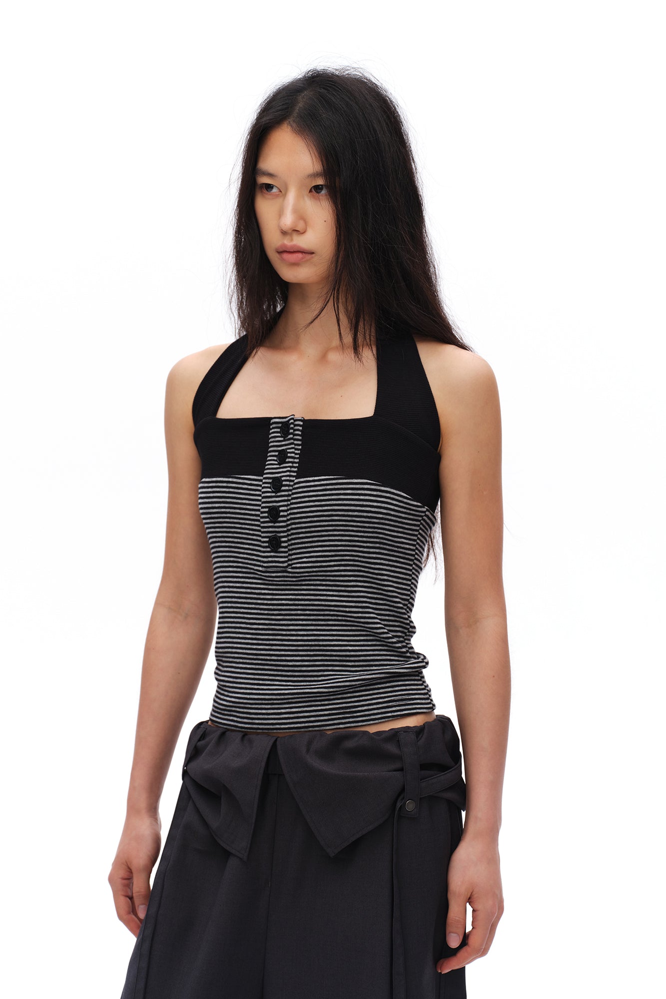 OINIMI Striped Button Halter Knit Top