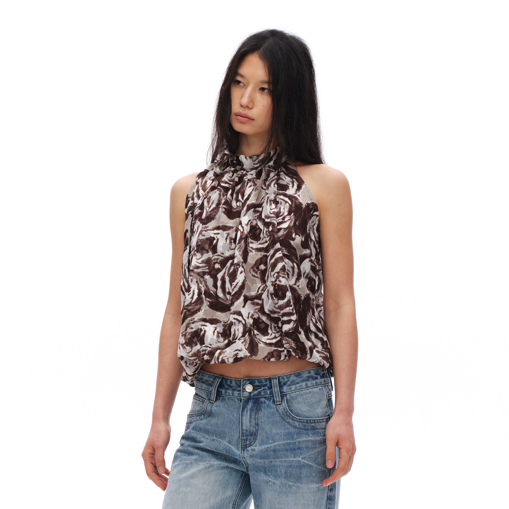 OINIMI Rose Full-Print Tie-Neck Halter Top