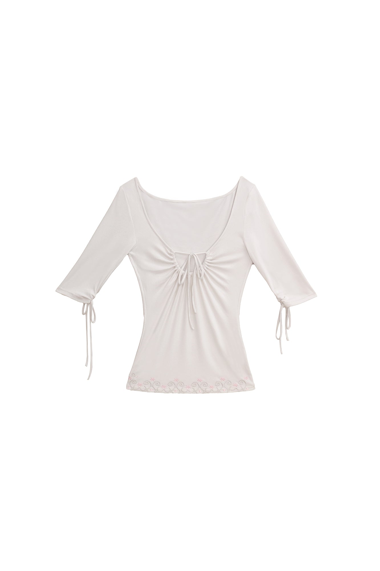 THE NEVERMORE Gathered Keyhole Ruched Embroidered Top