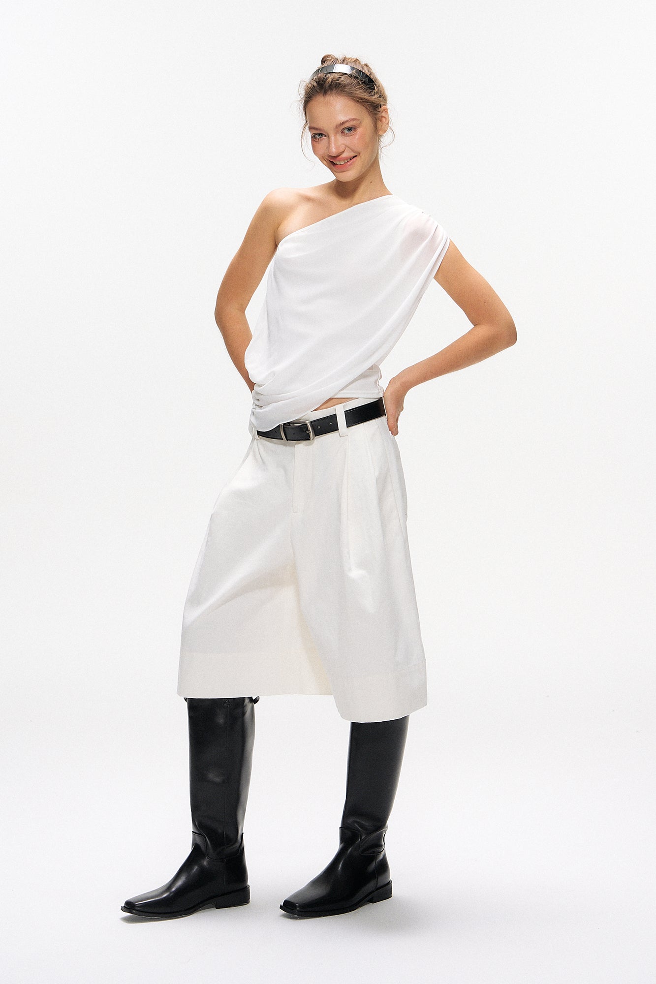 10AMSOTIIIIIIRED Asymmetrical Convertible Draped Overlay Top