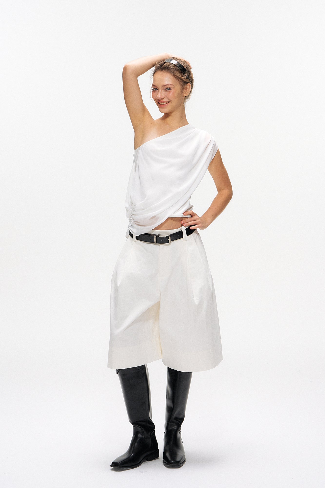 10AMSOTIIIIIIRED Asymmetrical Convertible Draped Overlay Top