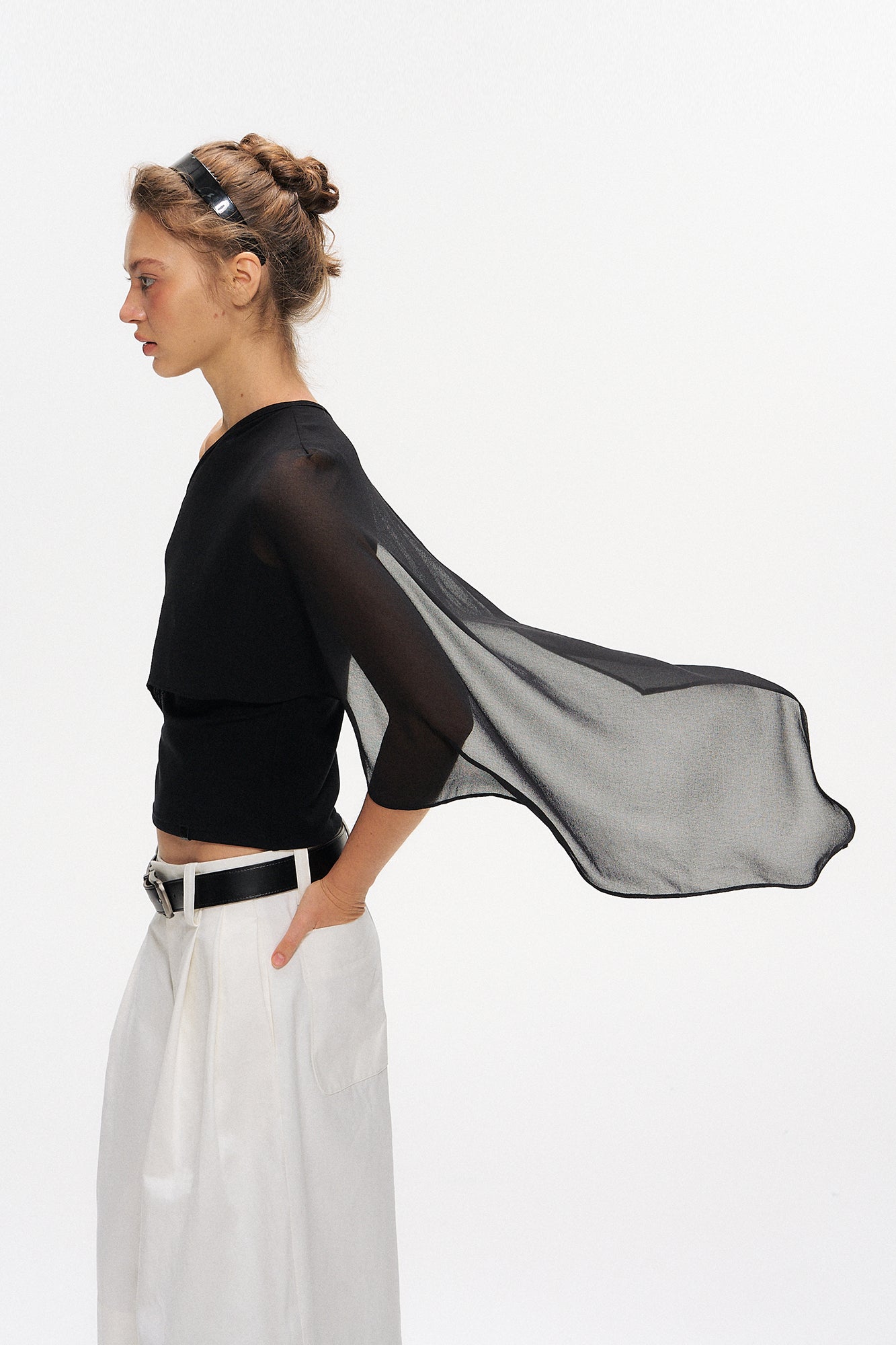 10AMSOTIIIIIIRED Asymmetrical Draped Cape-Sleeve Top
