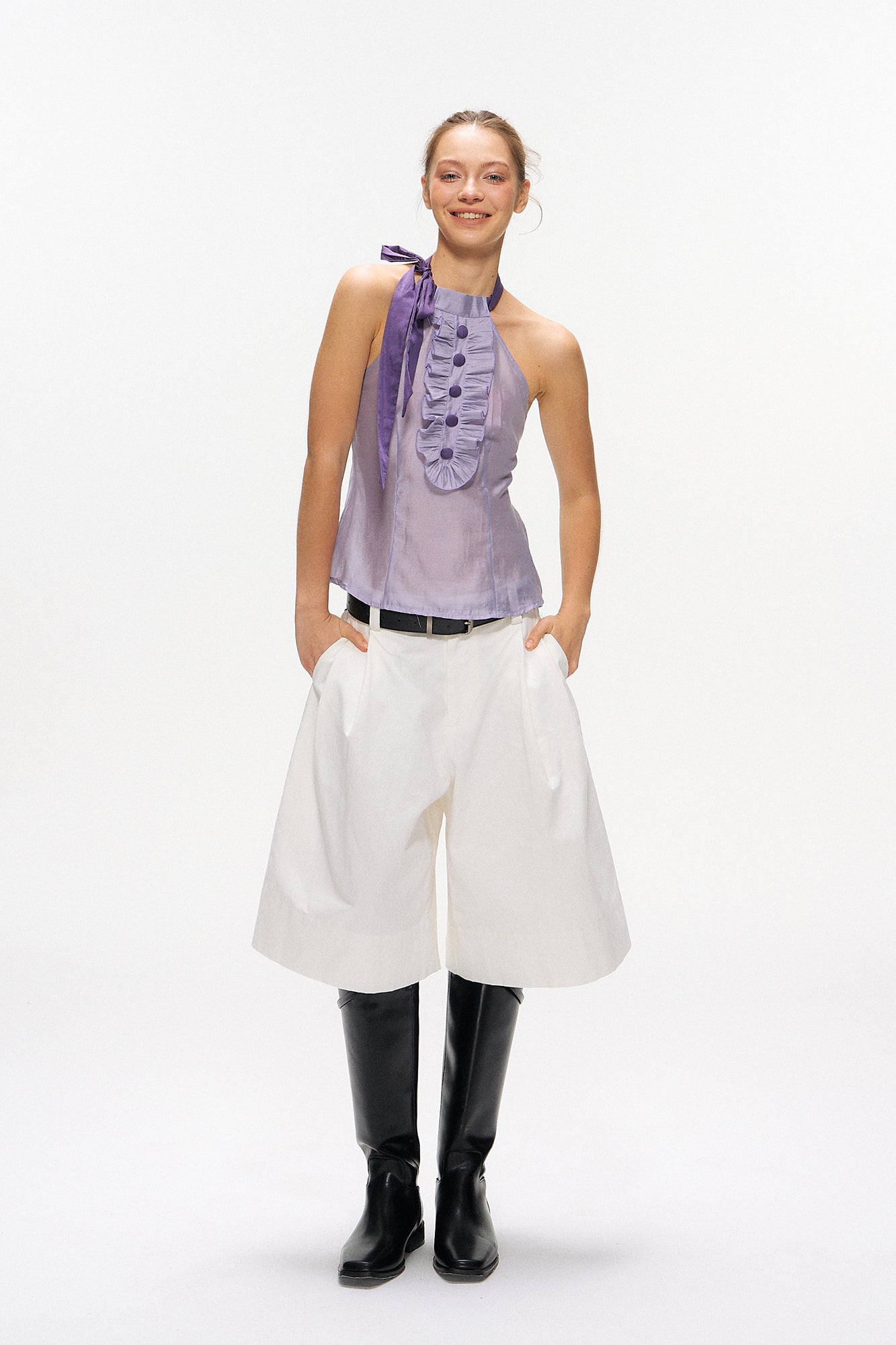 10AMSOTIIIIIIRED Convertible Ruffle Bib Top
