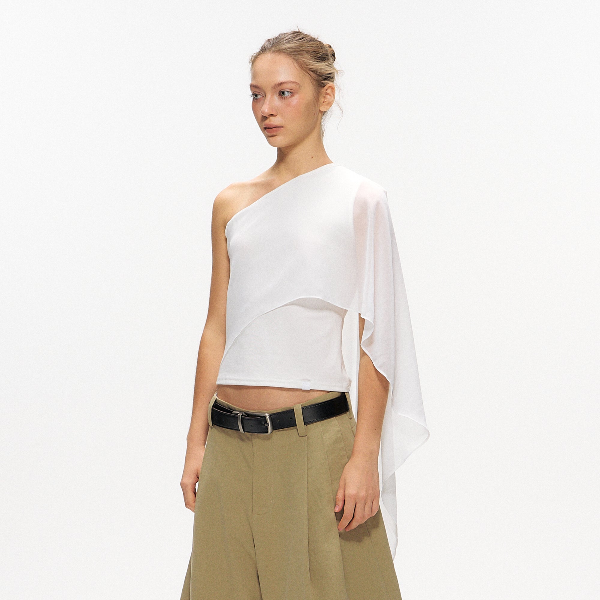 10AMSOTIIIIIIRED Asymmetrical Draped Cape-Sleeve Top