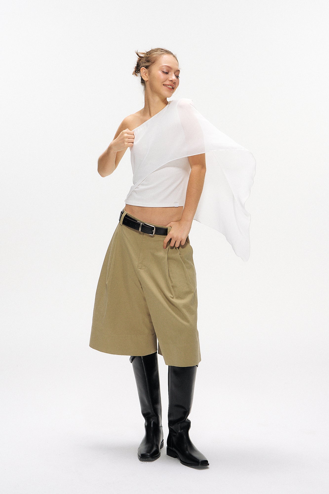 10AMSOTIIIIIIRED Asymmetrical Draped Cape-Sleeve Top