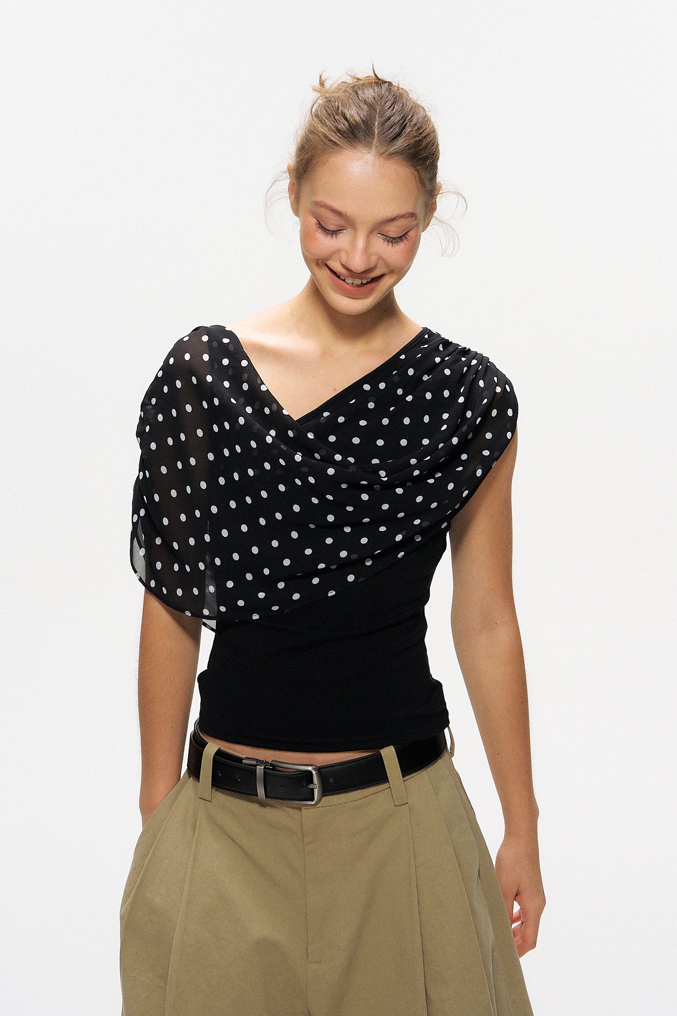 10AMSOTIIIIIIRED Asymmetrical Convertible Draped Overlay Top