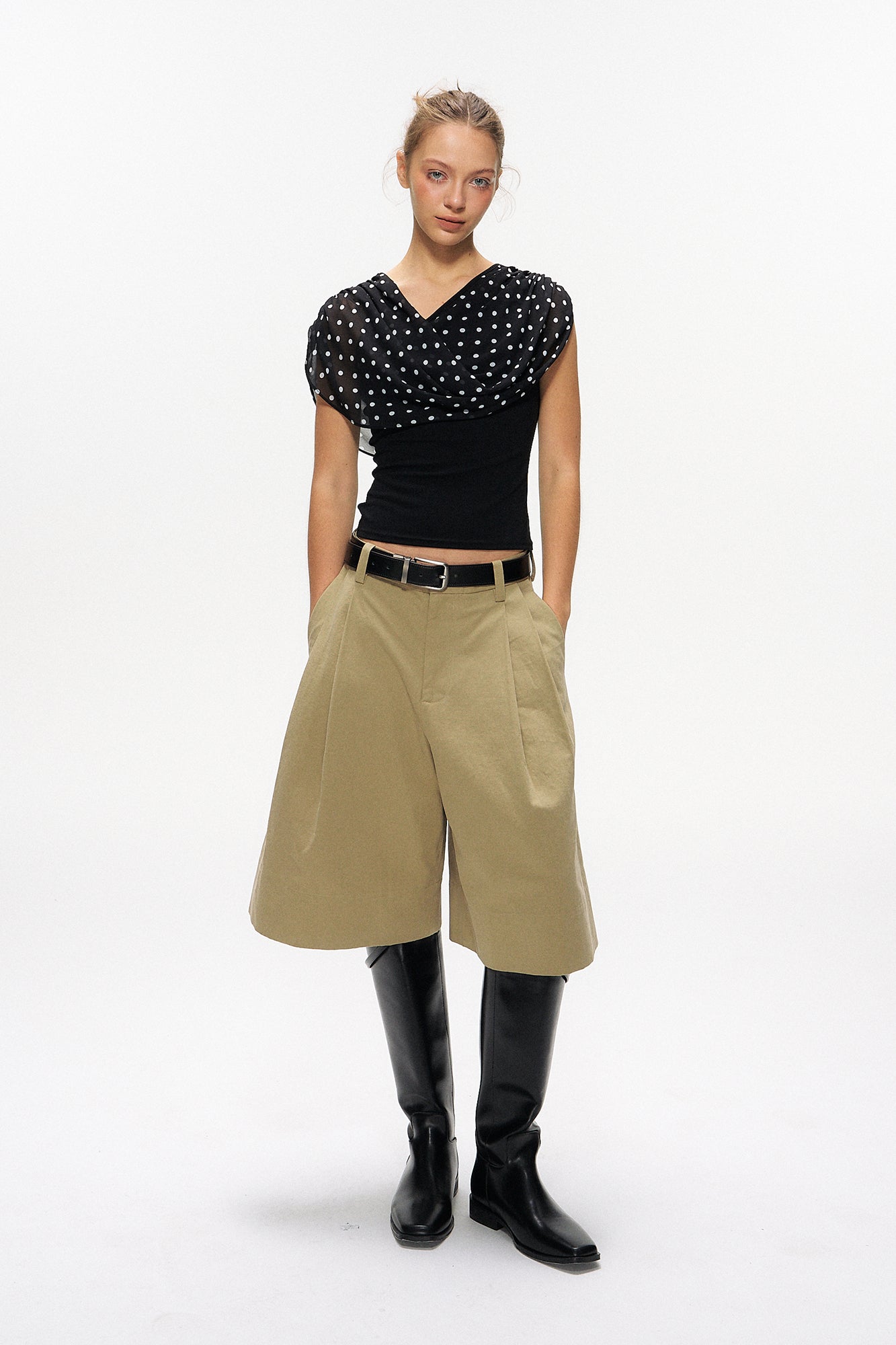 10AMSOTIIIIIIRED Asymmetrical Convertible Draped Overlay Top