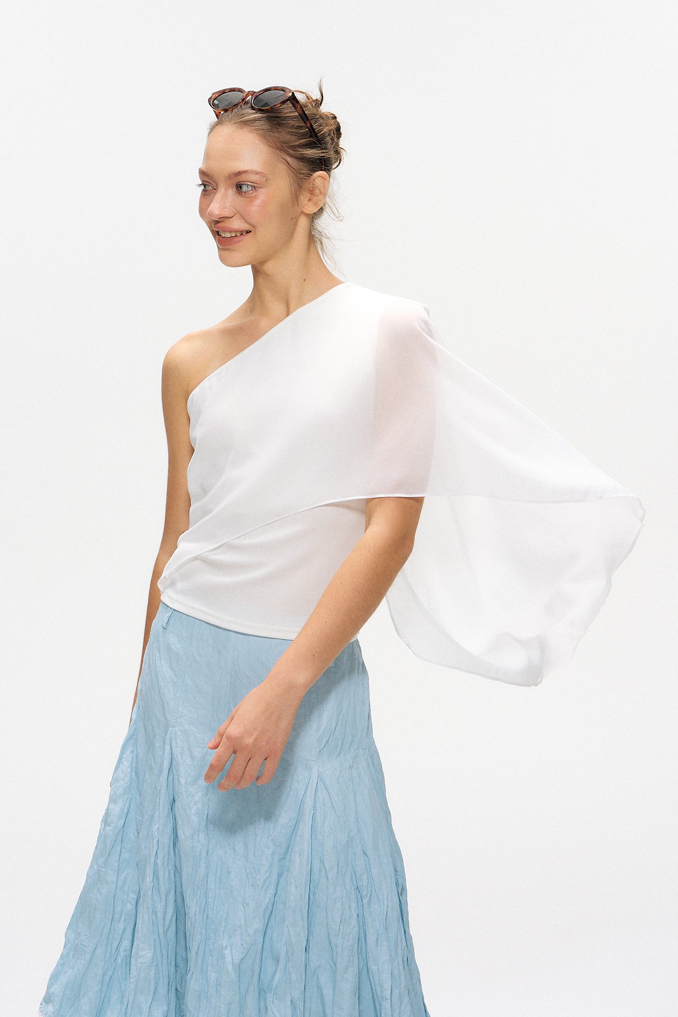 10AMSOTIIIIIIRED Asymmetrical Draped Cape-Sleeve Top