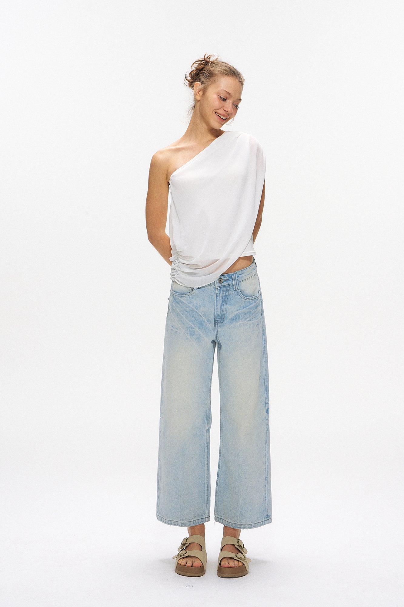 10AMSOTIIIIIIRED Asymmetrical Convertible Draped Overlay Top